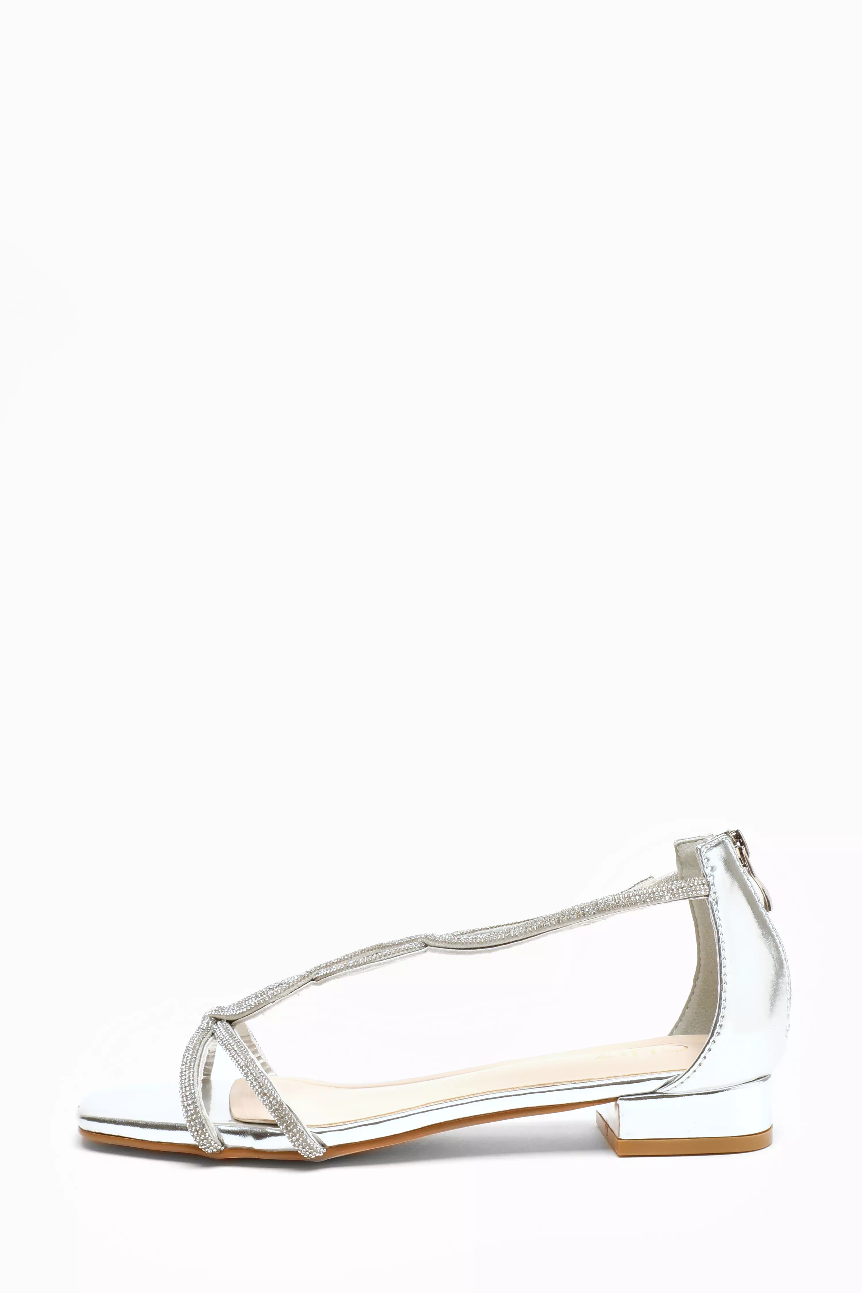 Silver Foil Diamante T-Strap Flat Sandals