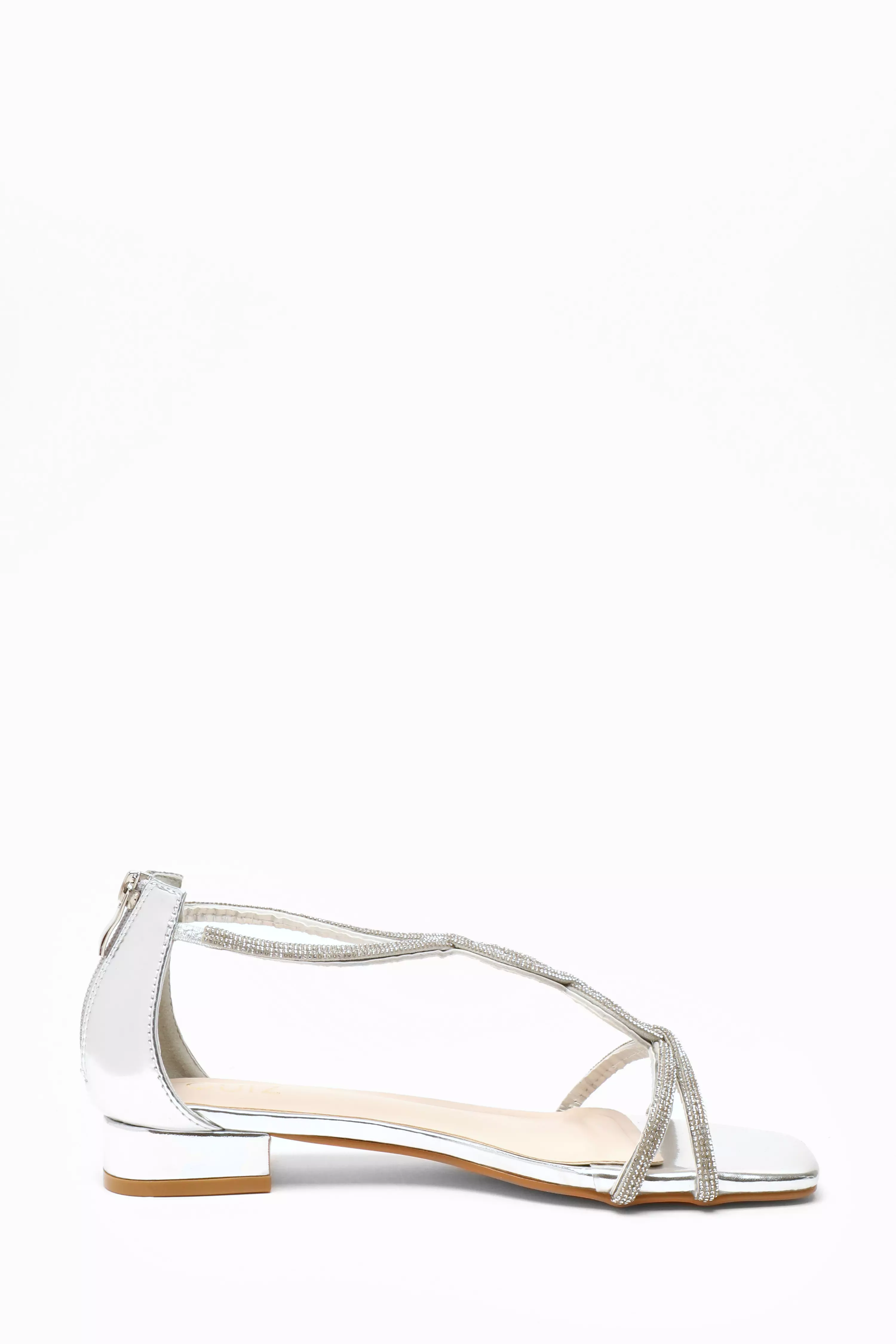 Silver Foil Diamante T-Strap Flat Sandals