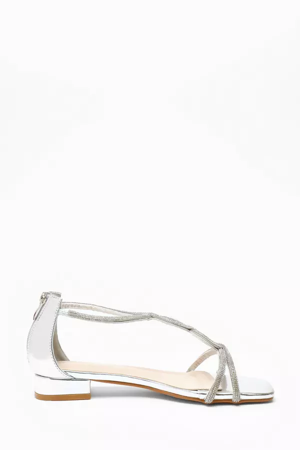 Silver Foil Diamante T-Strap Flat Sandals