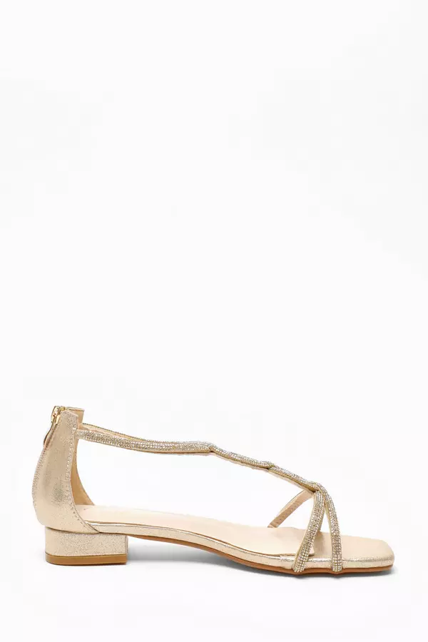 Gold Foil Diamante T-Strap Flat Sandals