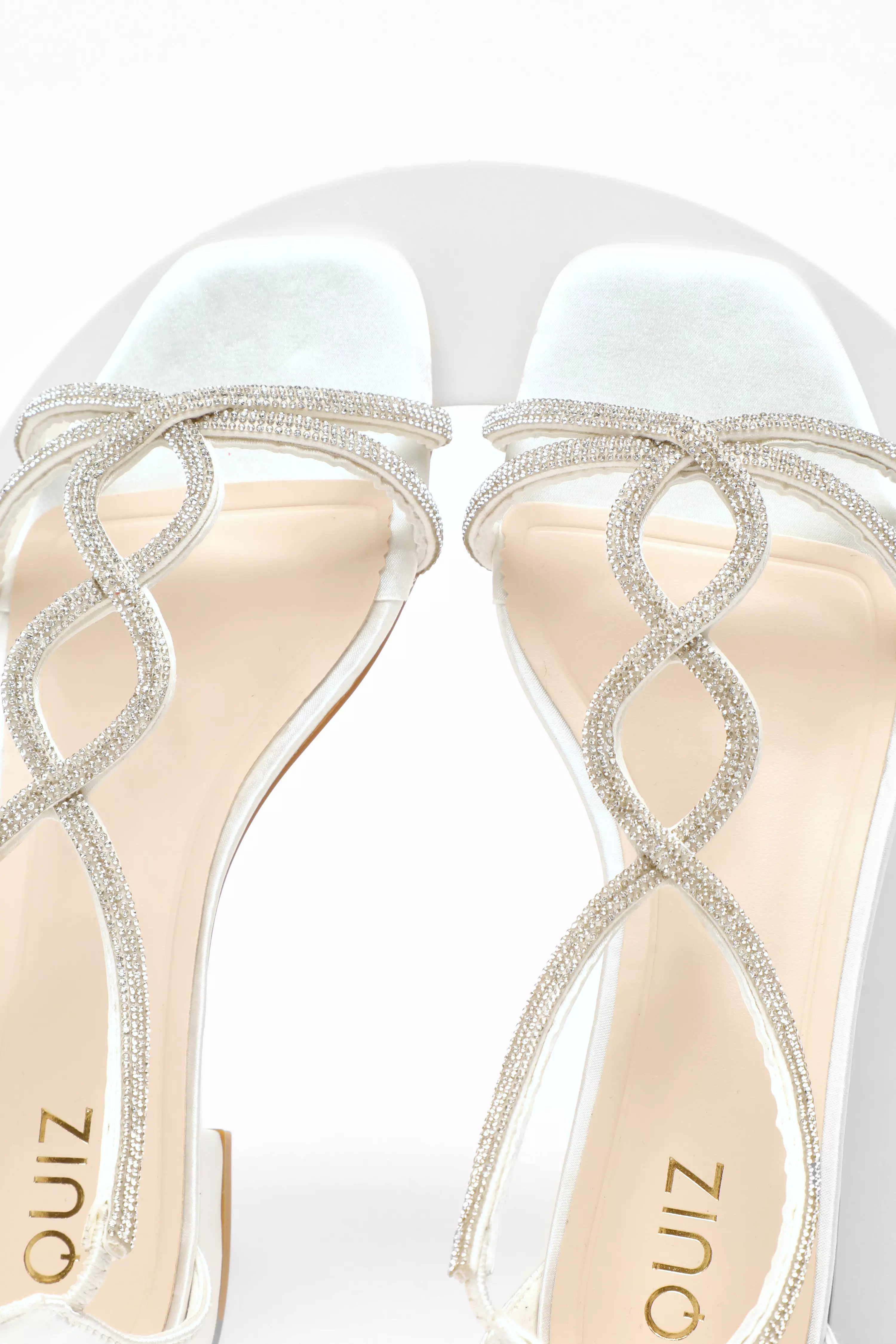 White Satin Diamante T-Strap Flat Sandals