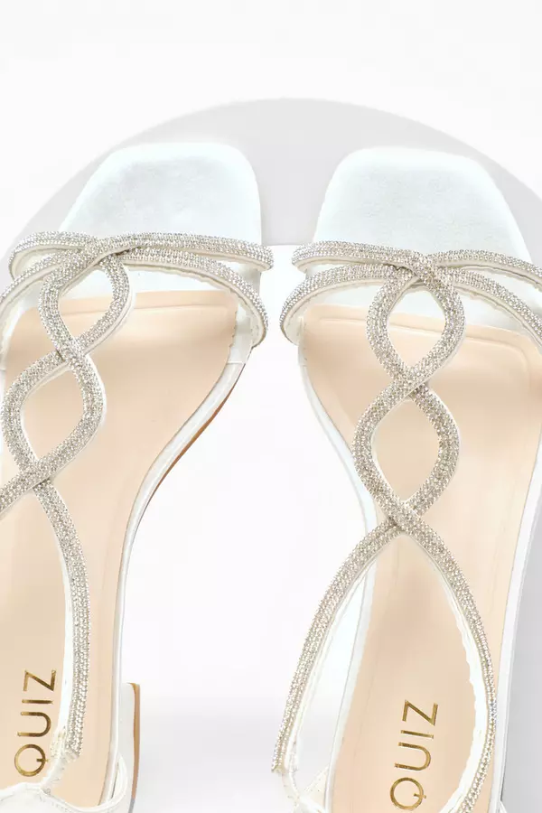 White Satin Diamante T-Strap Flat Sandals