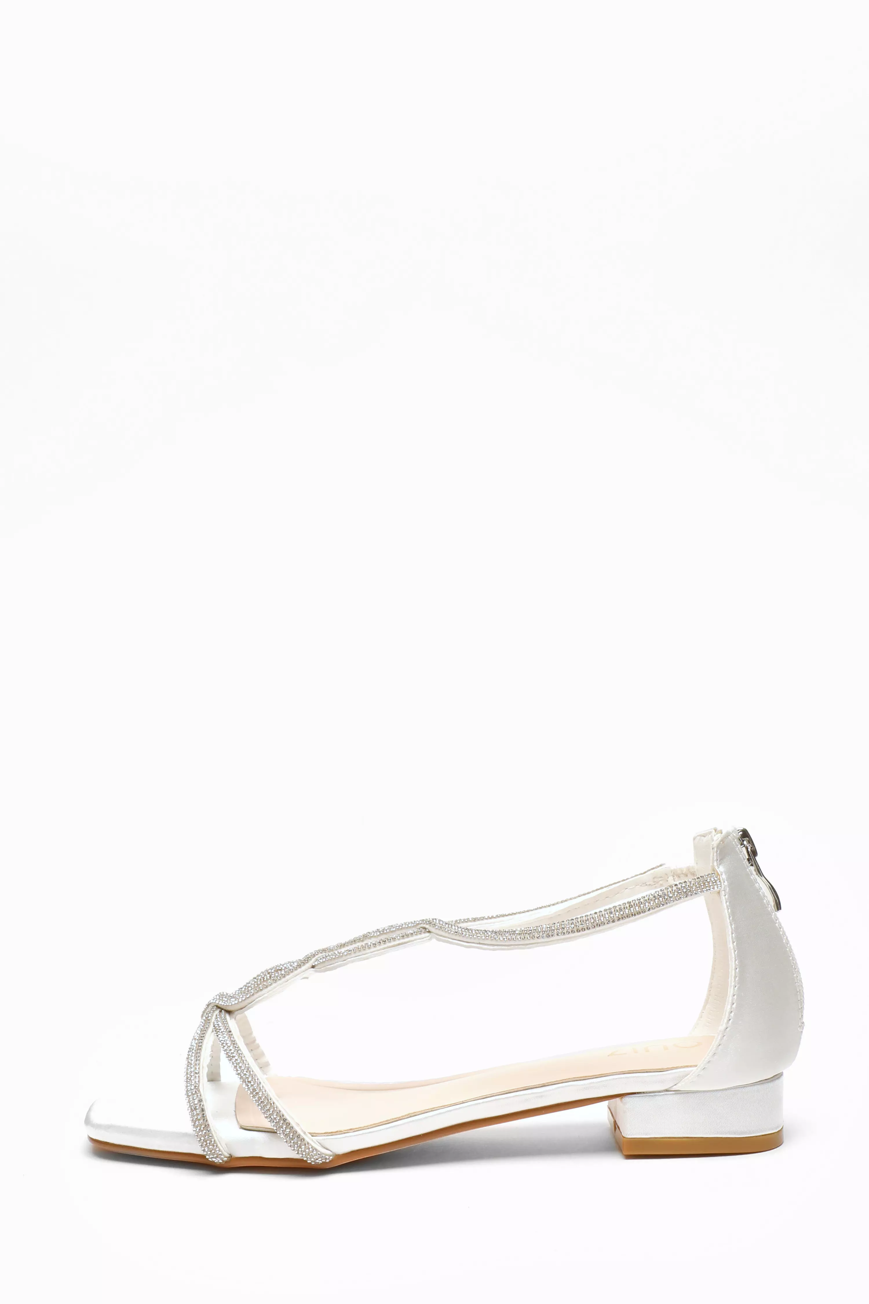 White Satin Diamante T-Strap Flat Sandals