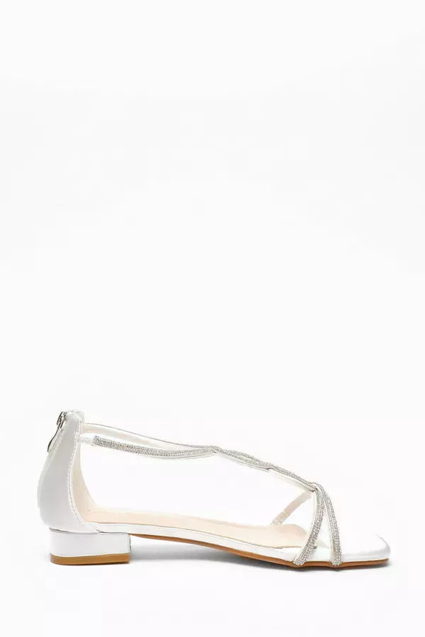 White Satin Diamante T-Strap Flat Sandals