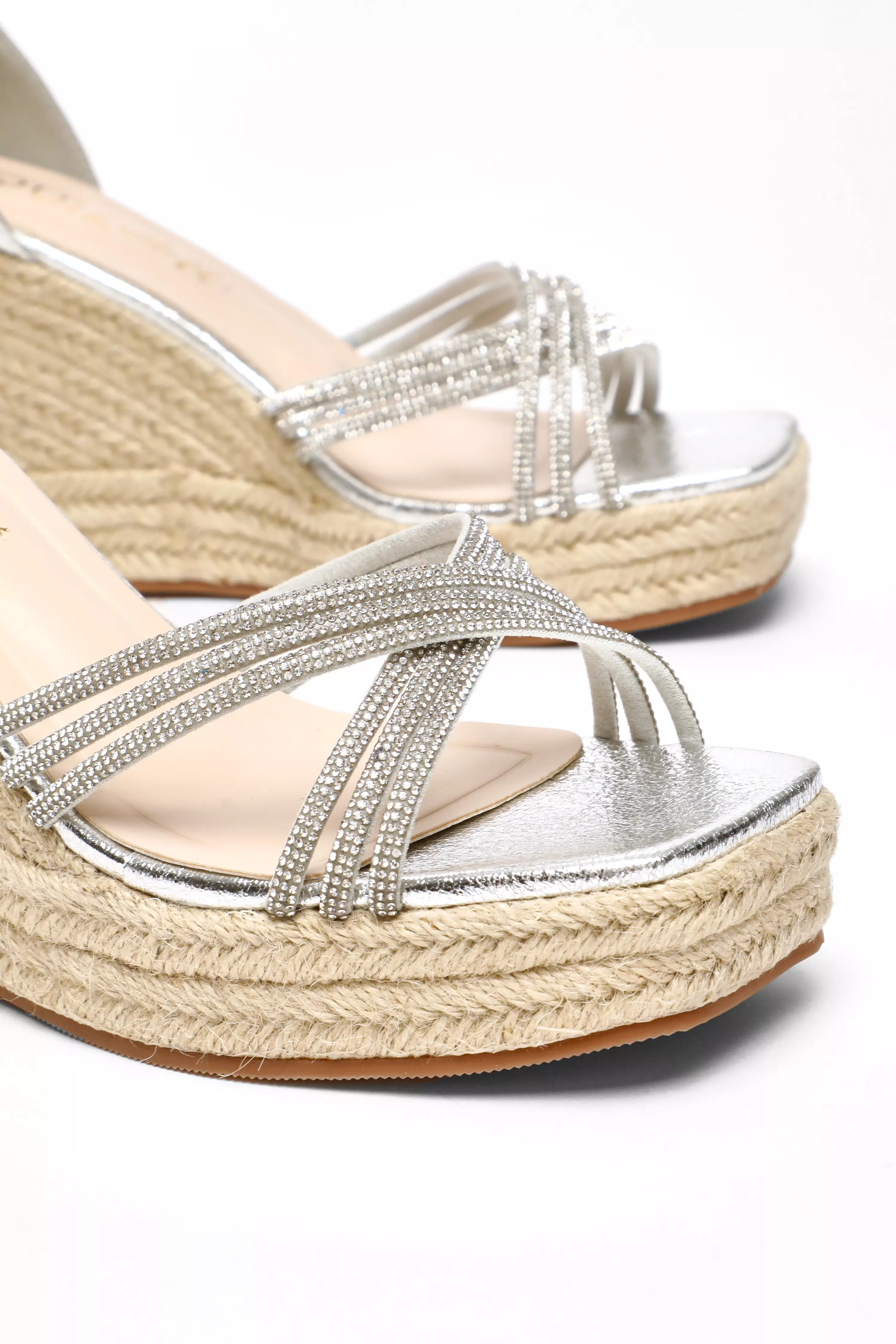 Wide Fit Silver Diamante Cross Strap High Woven Wedges