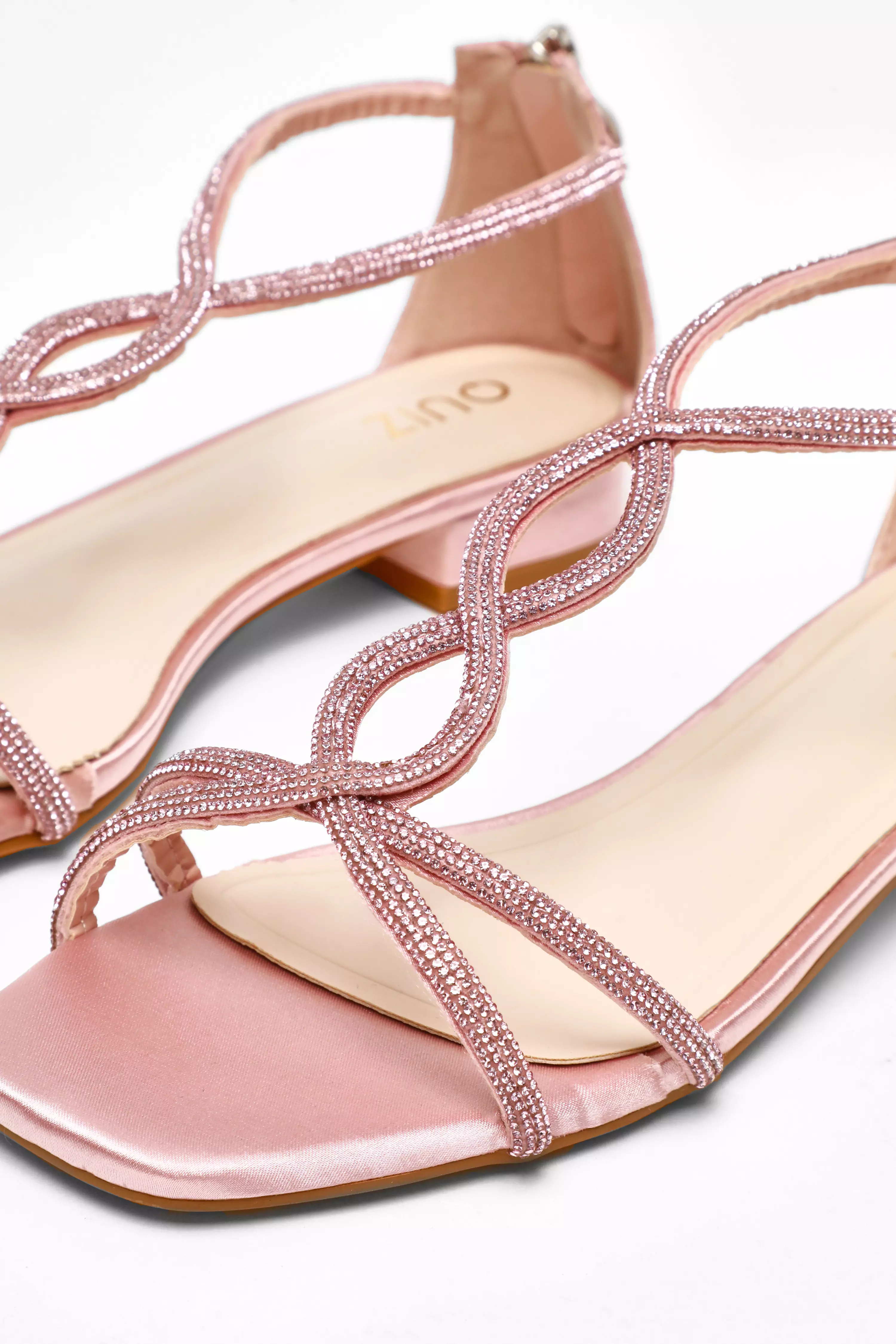 Pink Satin Diamante T-Strap Flat Sandals