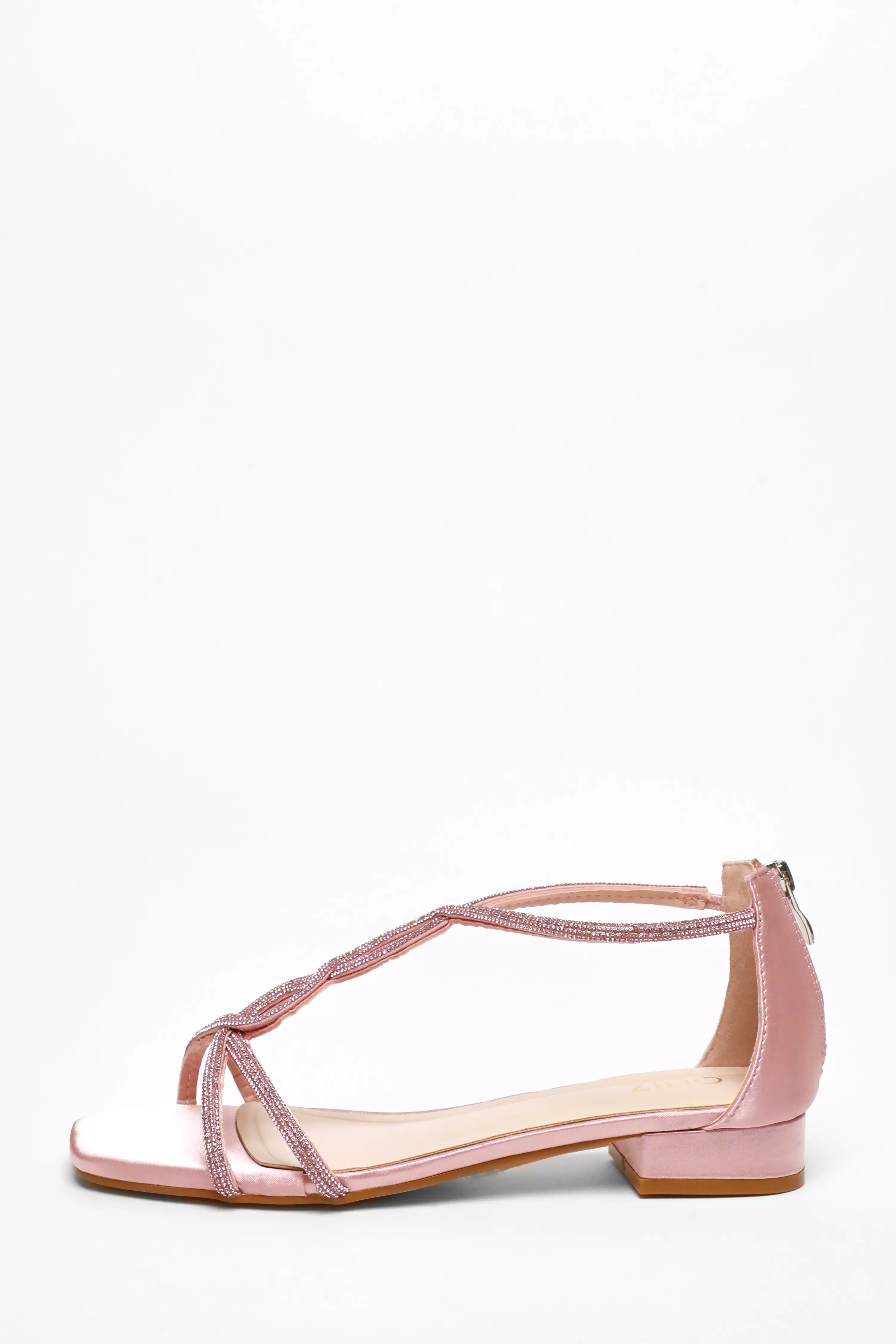 Pink Satin Diamante T-Strap Flat Sandals