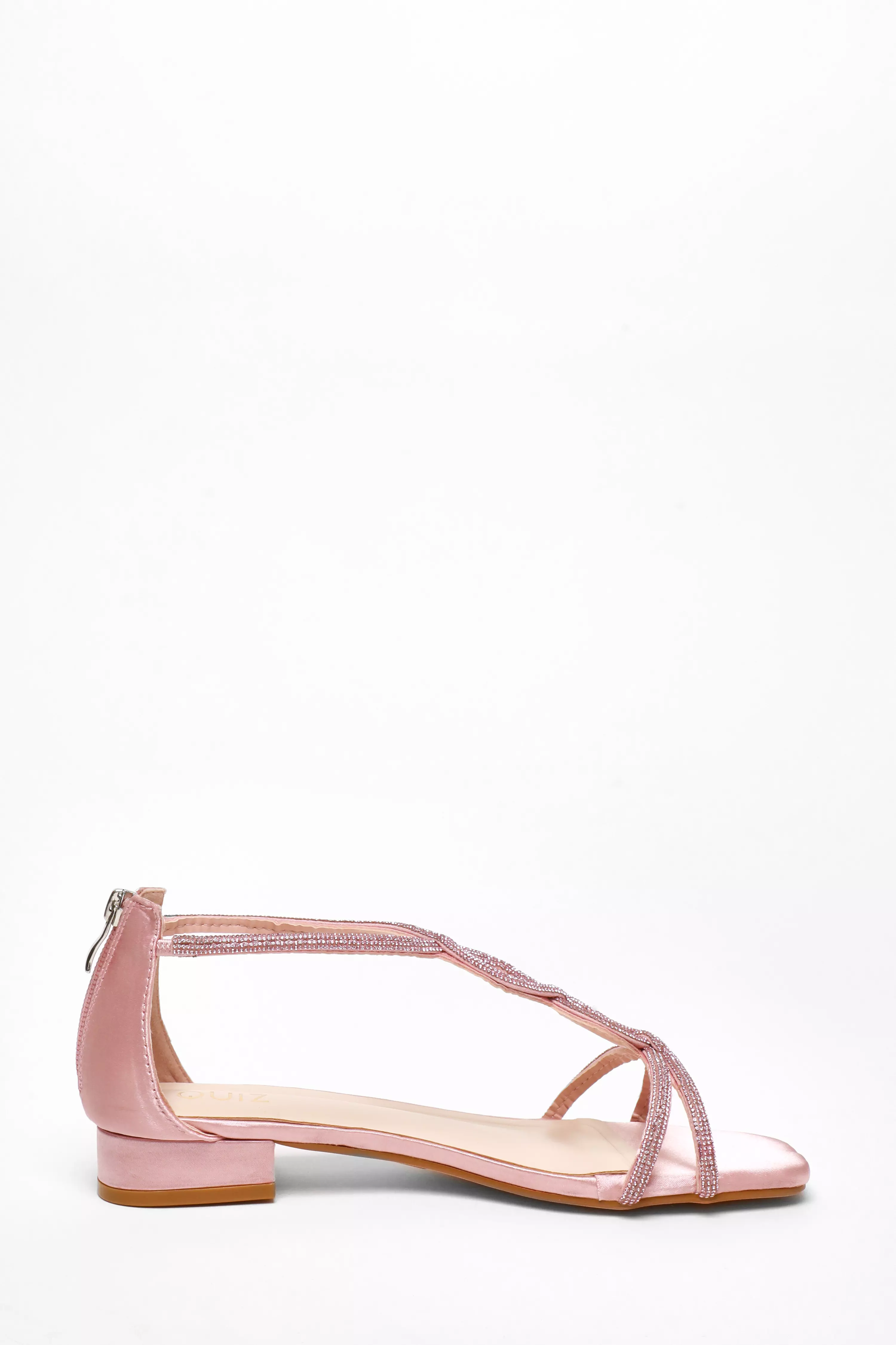 Pink Satin Diamante T-Strap Flat Sandals