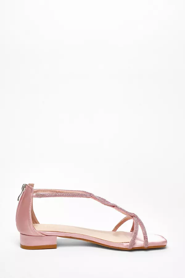Pink Satin Diamante T-Strap Flat Sandals