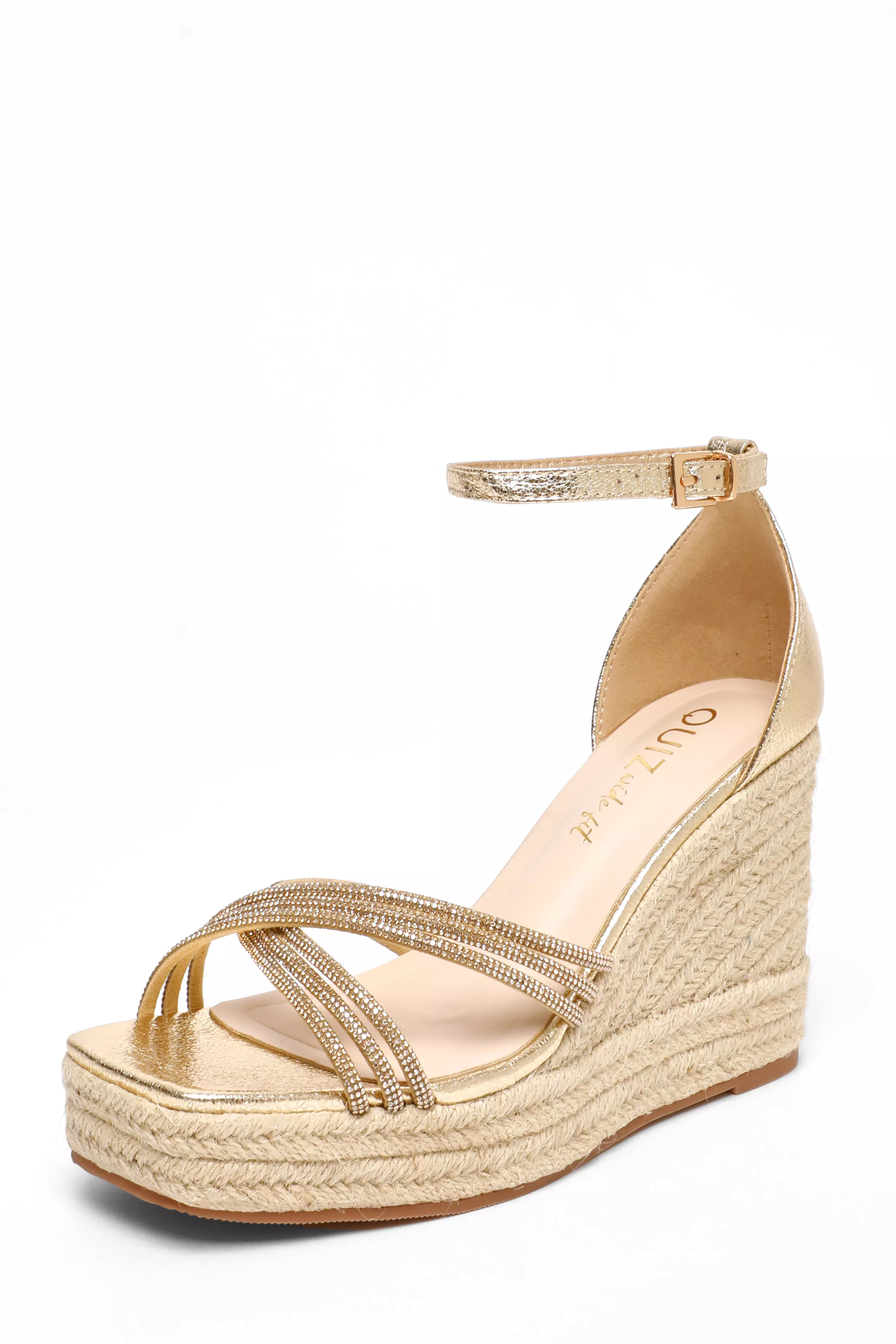 Wide Fit Gold Diamante Cross Strap High Woven Wedges