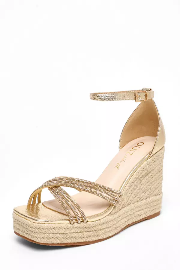 Wide Fit Gold Diamante Cross Strap High Woven Wedges