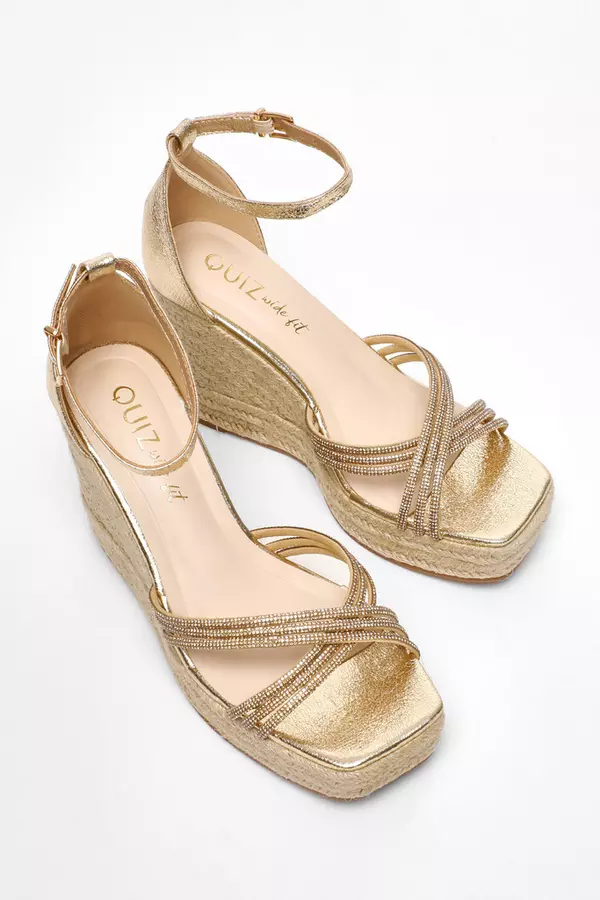 Wide Fit Gold Diamante Cross Strap High Woven Wedges
