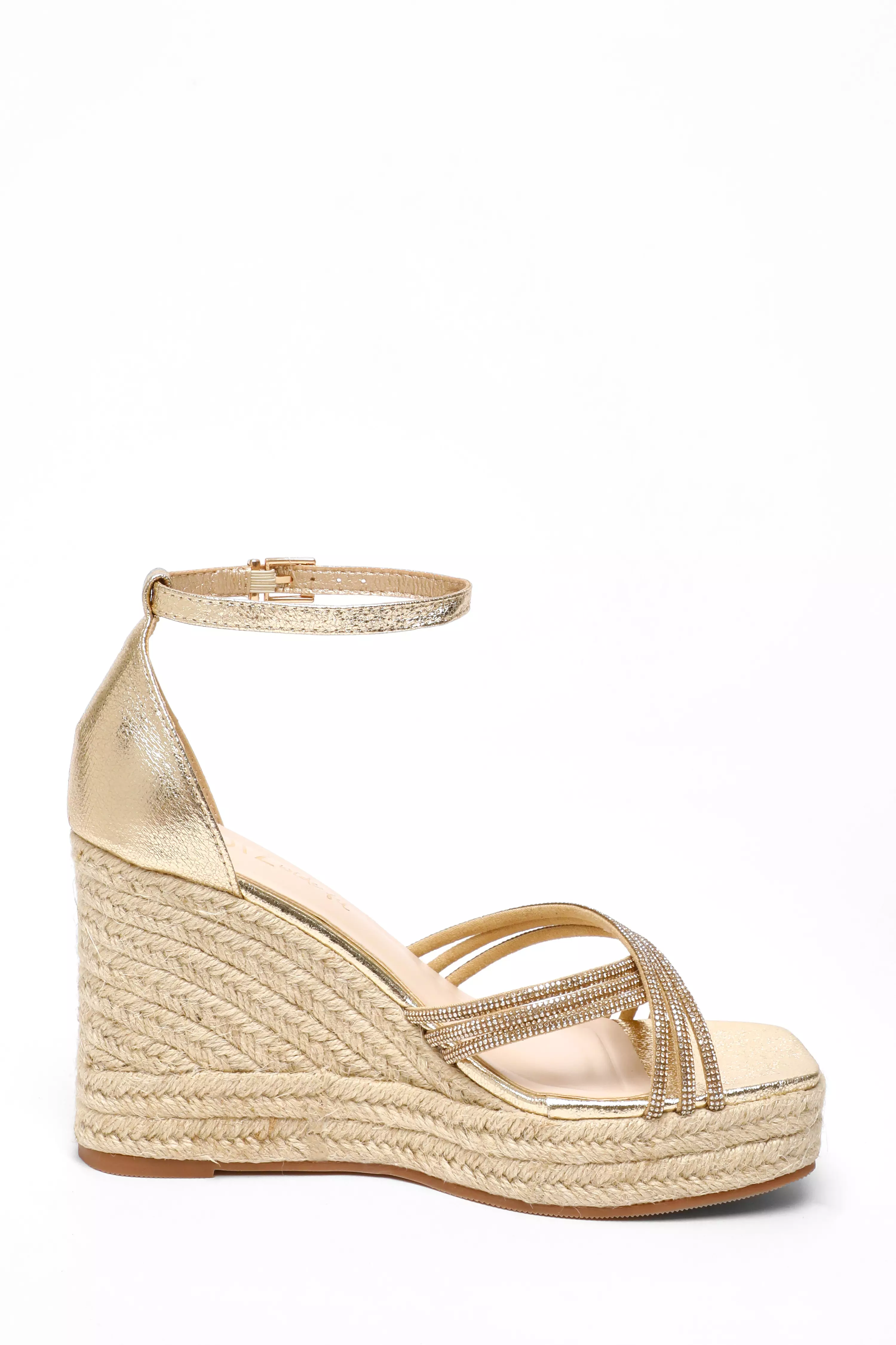 Wide Fit Gold Diamante Cross Strap High Woven Wedges