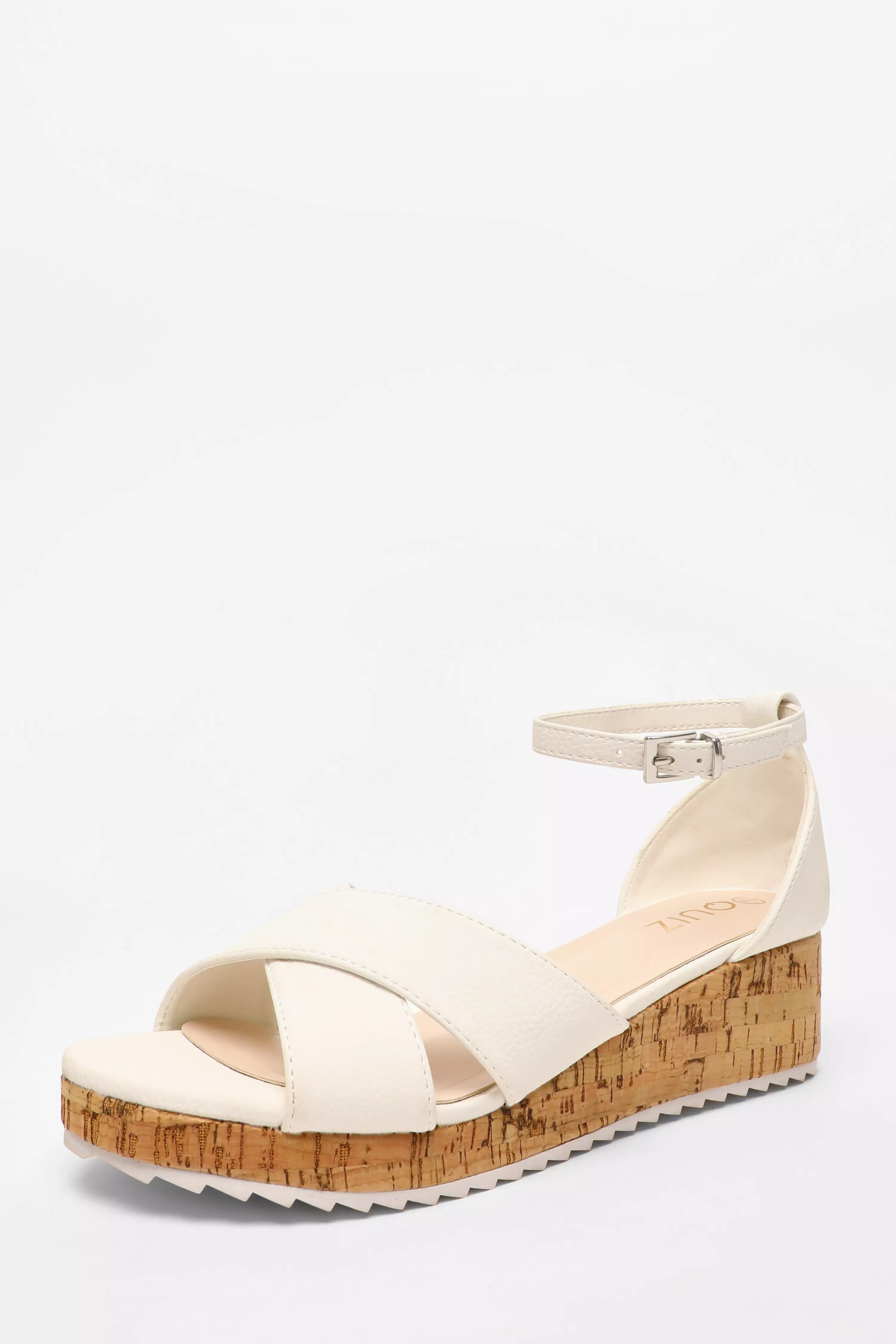 White Faux Leather Cross Strap Low Wedges