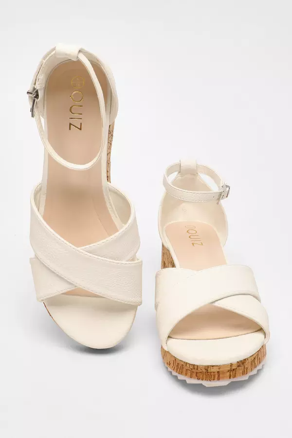 White Faux Leather Cross Strap Low Wedges