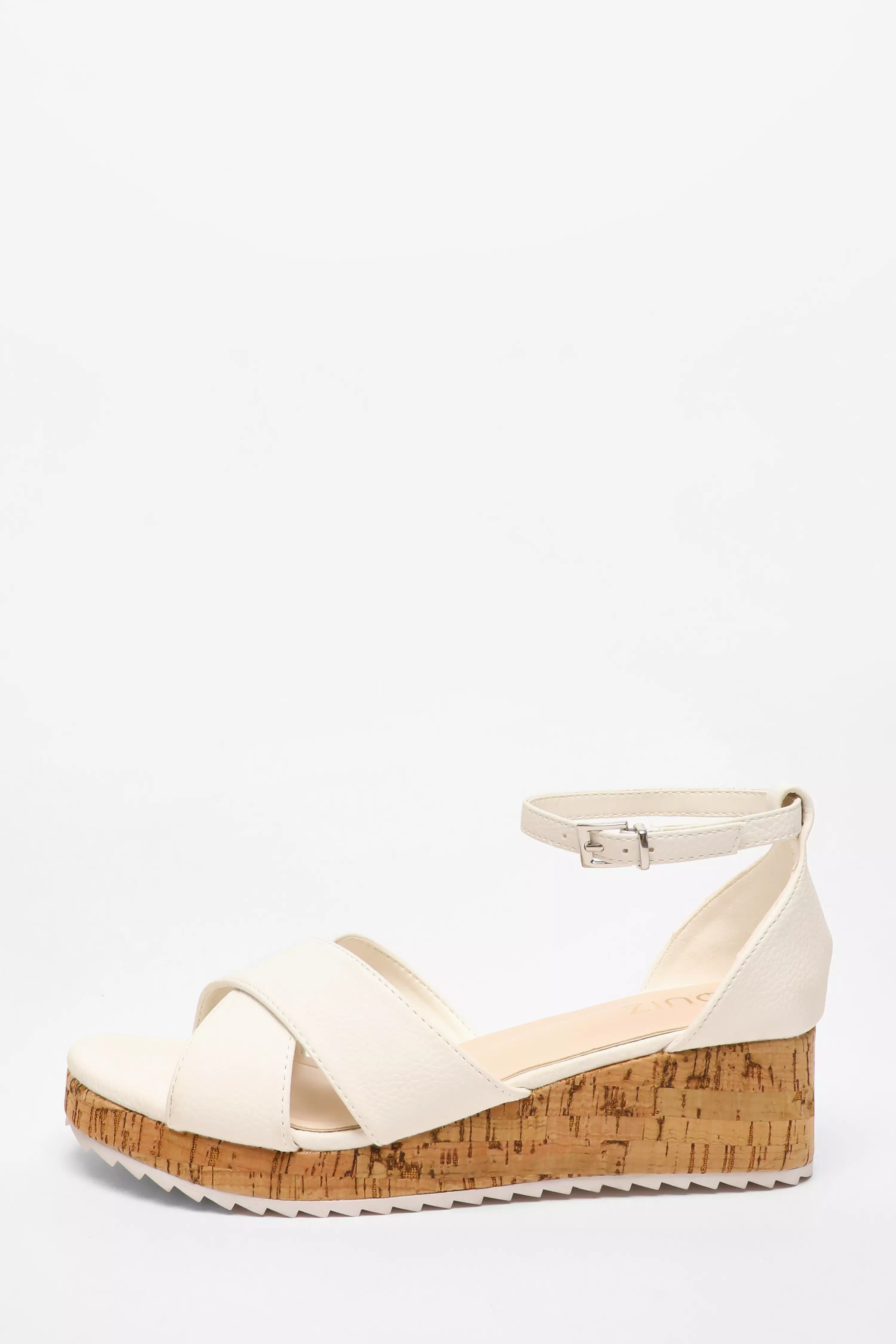 White Faux Leather Cross Strap Low Wedges