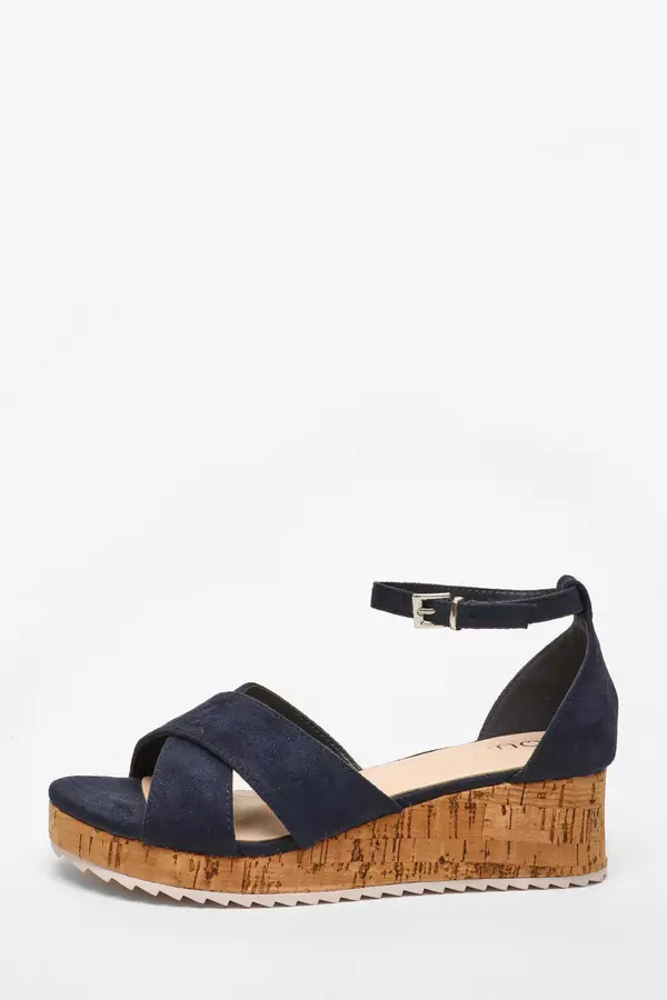 Navy Faux Leather Cross Strap Low Wedges