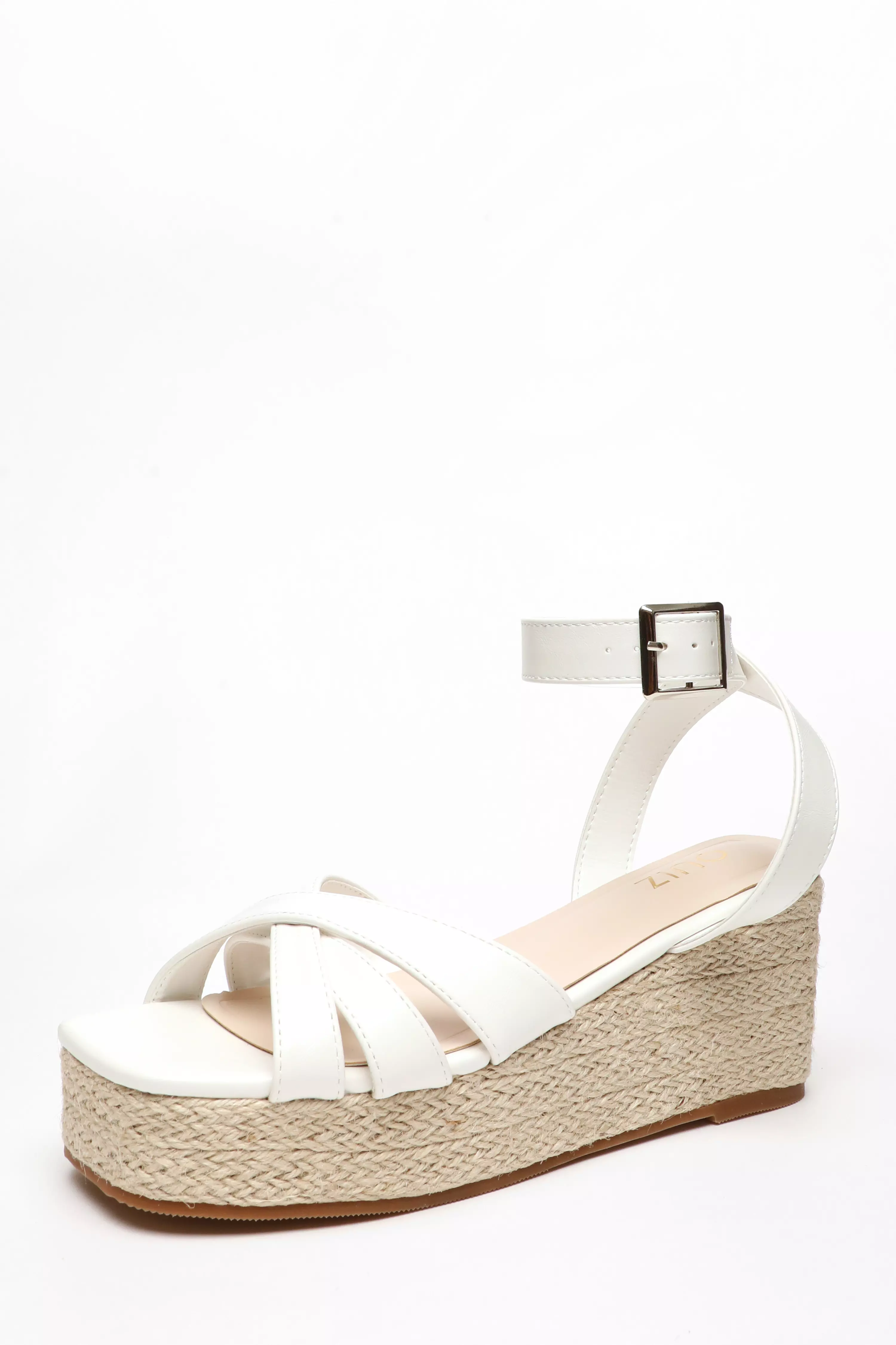 White Faux Leather Strappy Woven Wedges