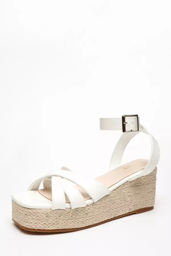 White Faux Leather Strappy Woven Wedges
