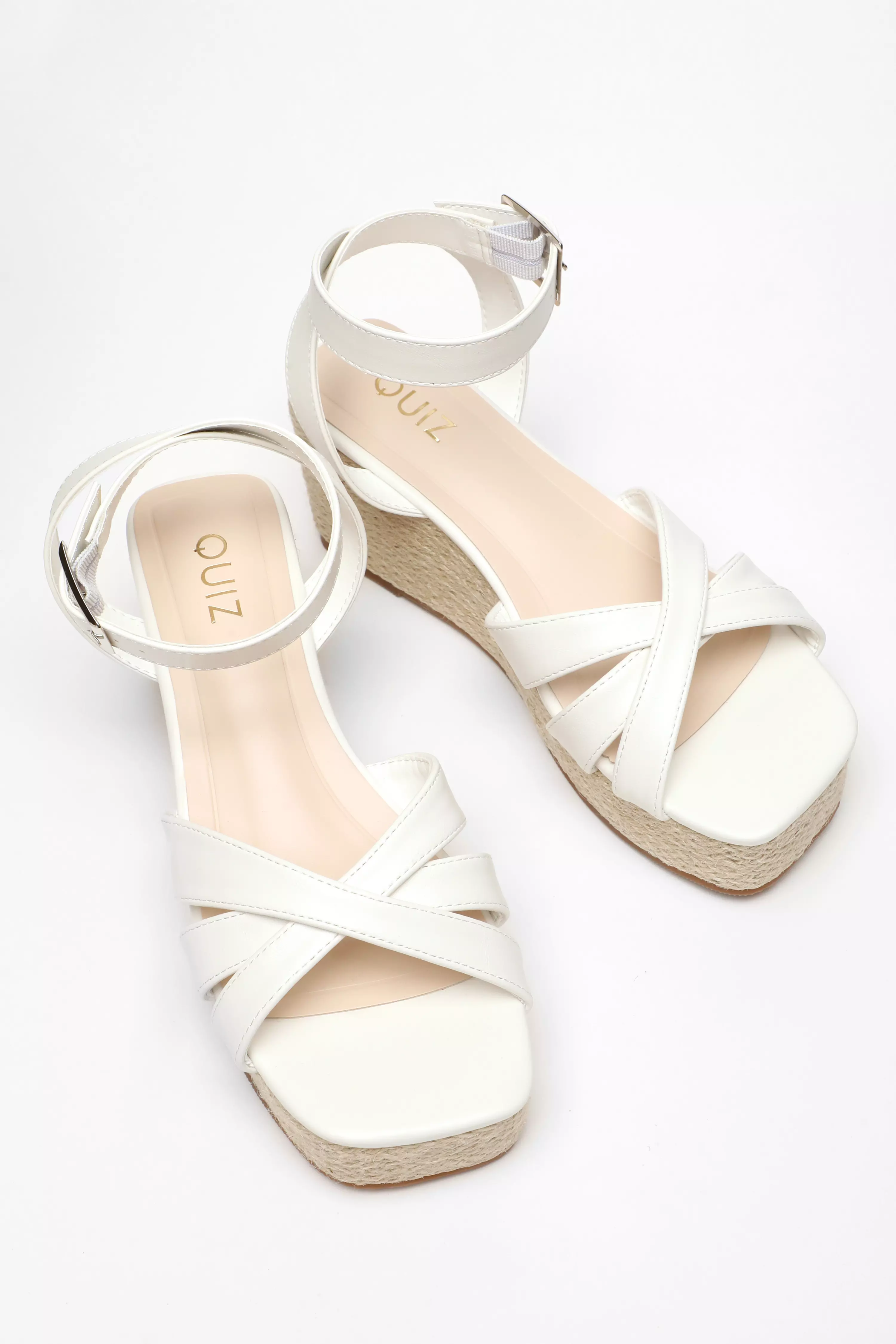 White Faux Leather Strappy Woven Wedges