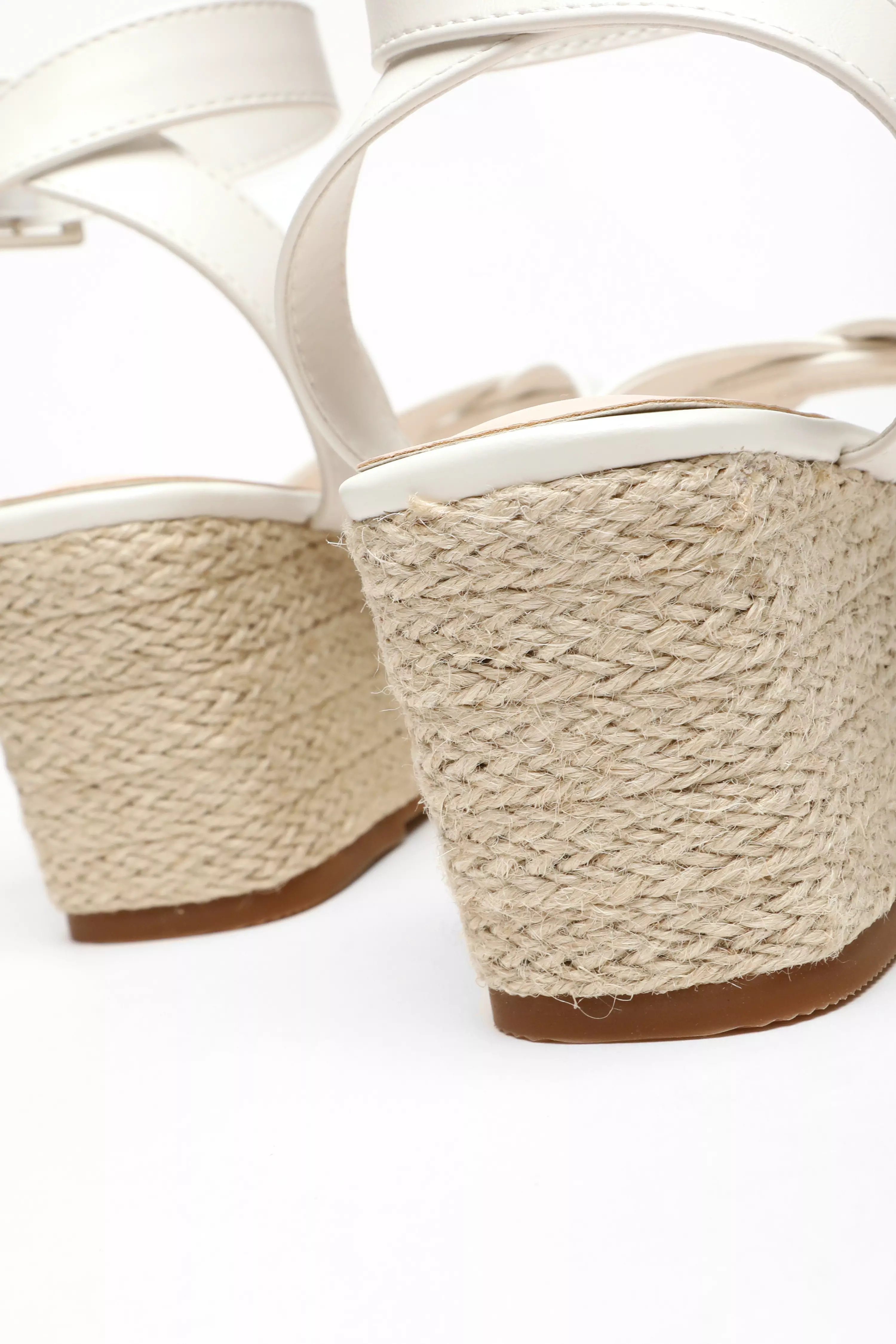 White Faux Leather Strappy Woven Wedges