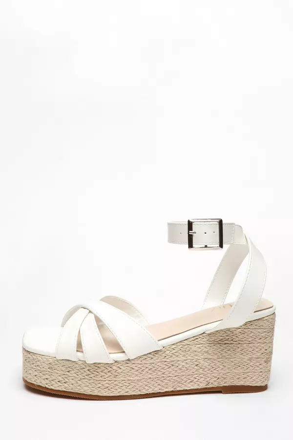 White Faux Leather Strappy Woven Wedges
