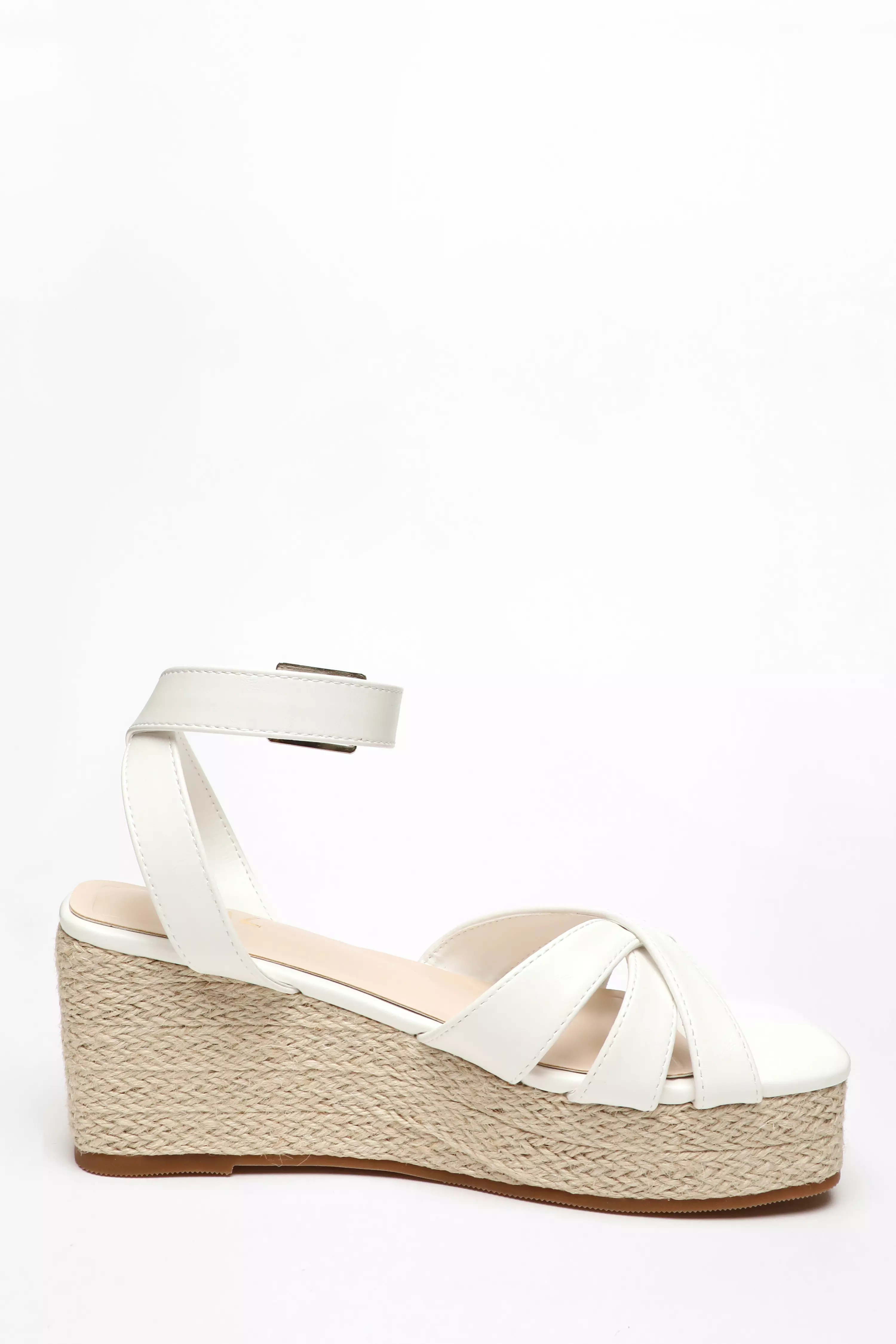 White Faux Leather Strappy Woven Wedges