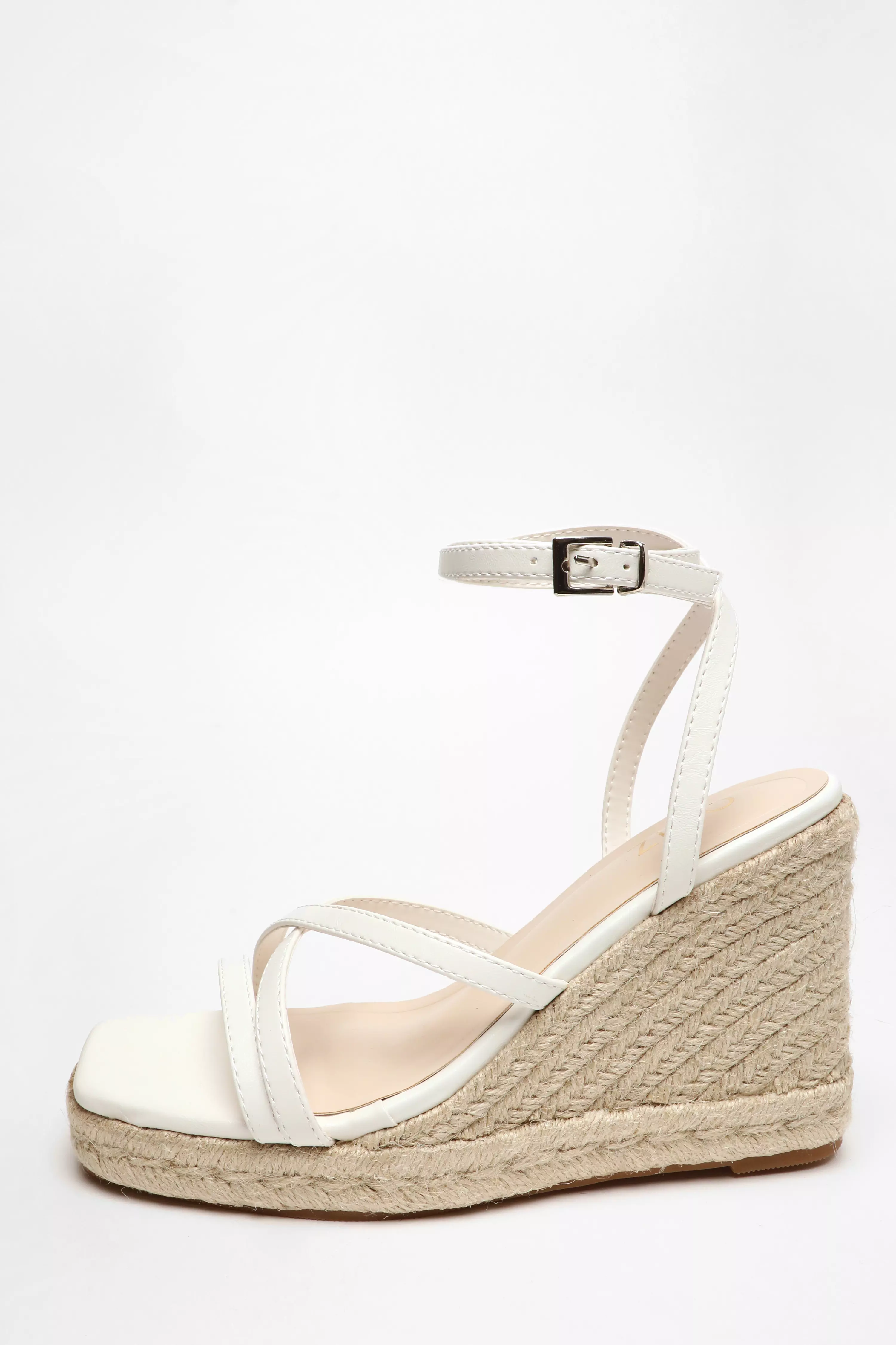 White Faux Leather Strappy Woven Wedges