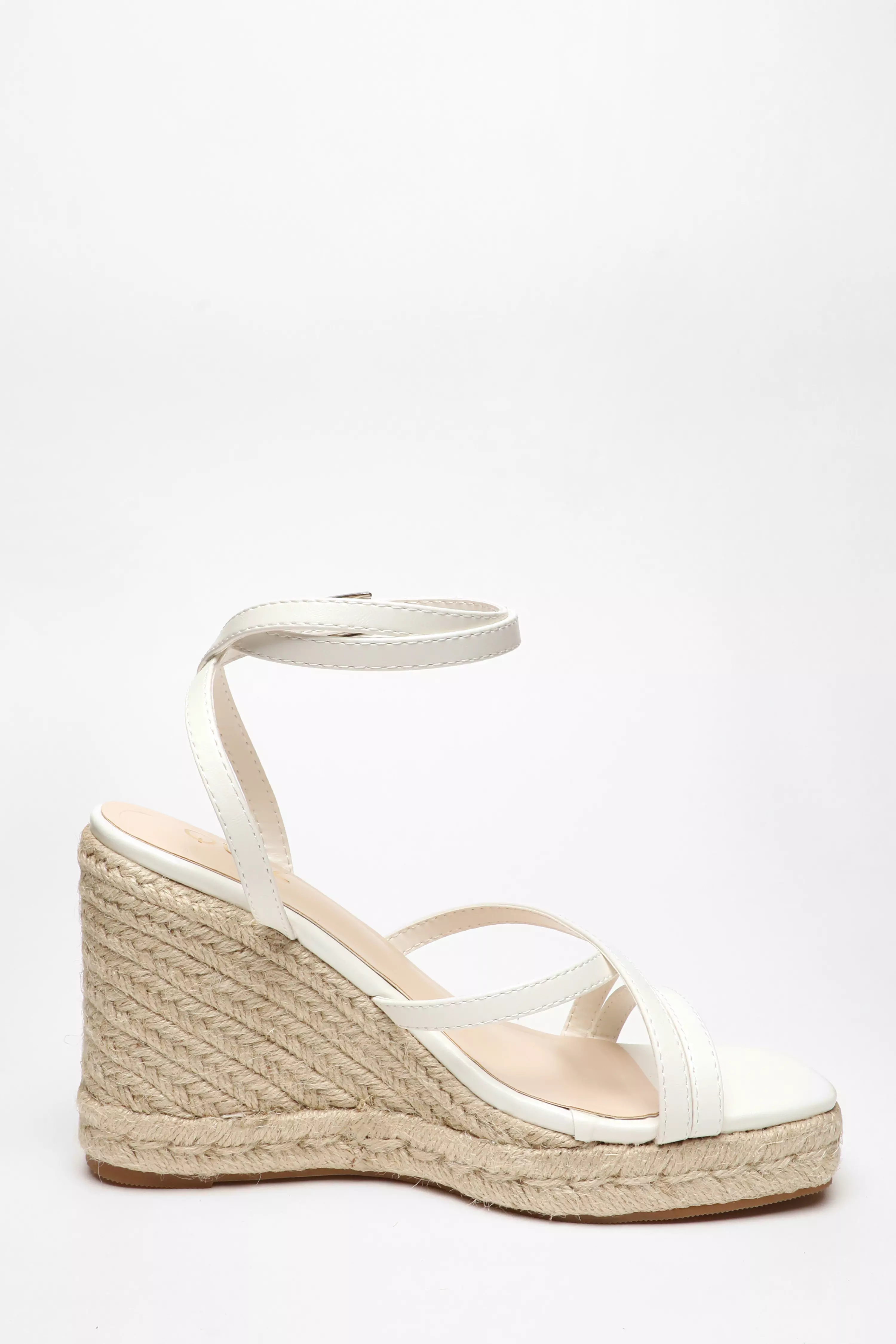 White Faux Leather Strappy Woven Wedges