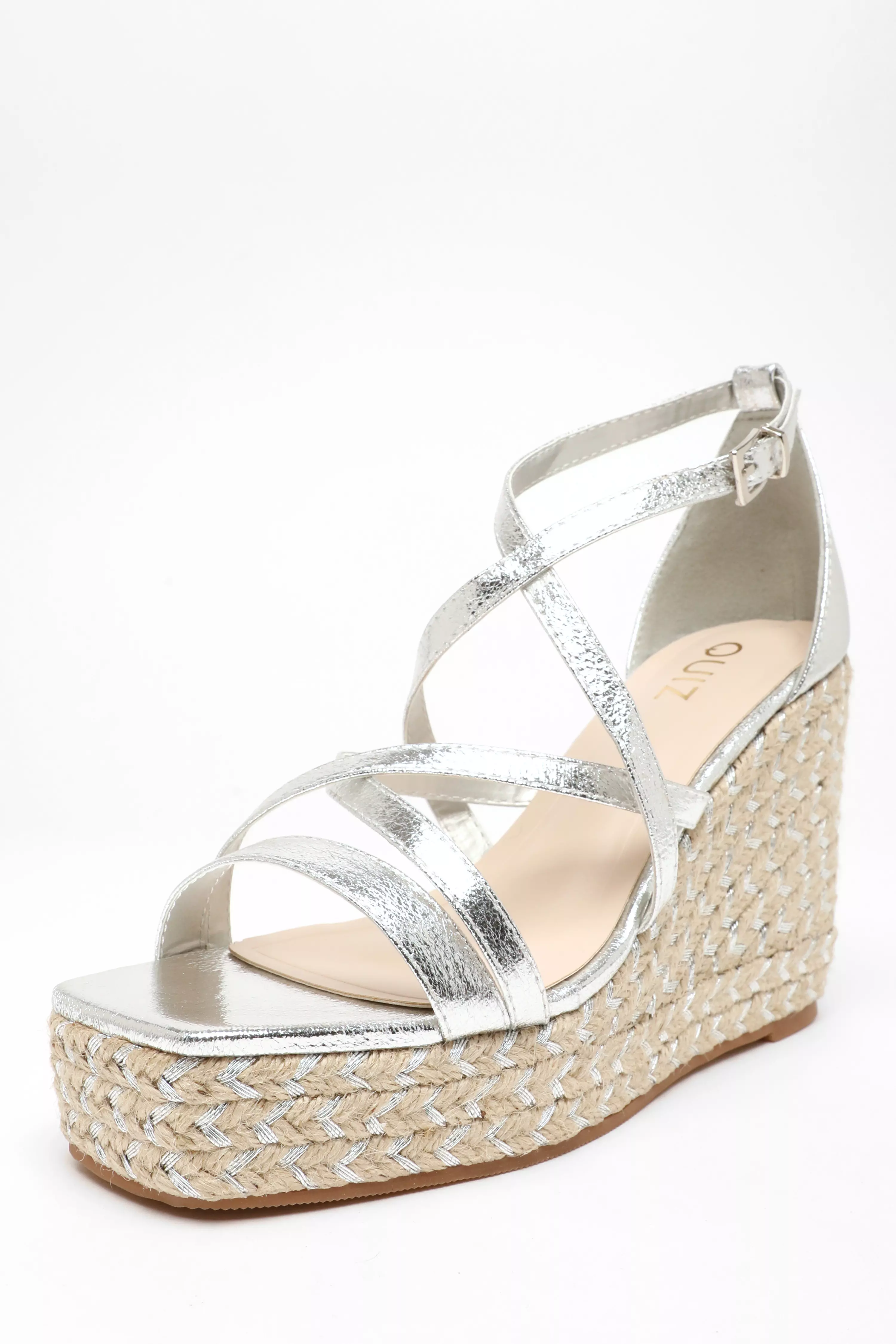 Silver Foil Strappy Woven Wedges