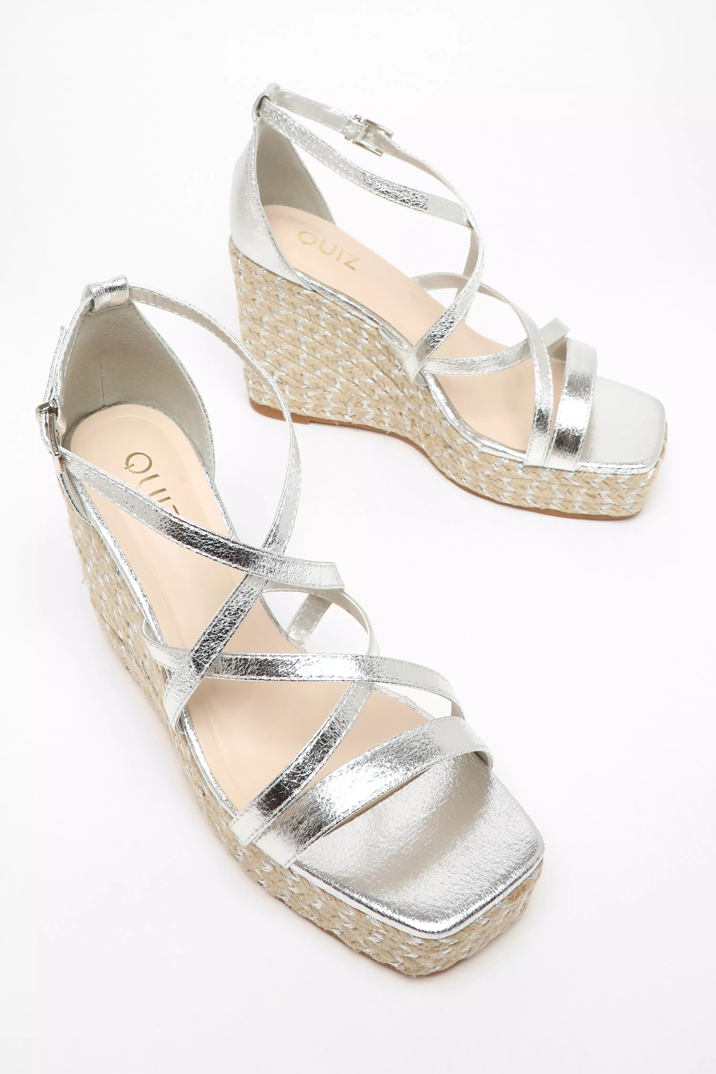 Silver Foil Strappy Woven Wedges