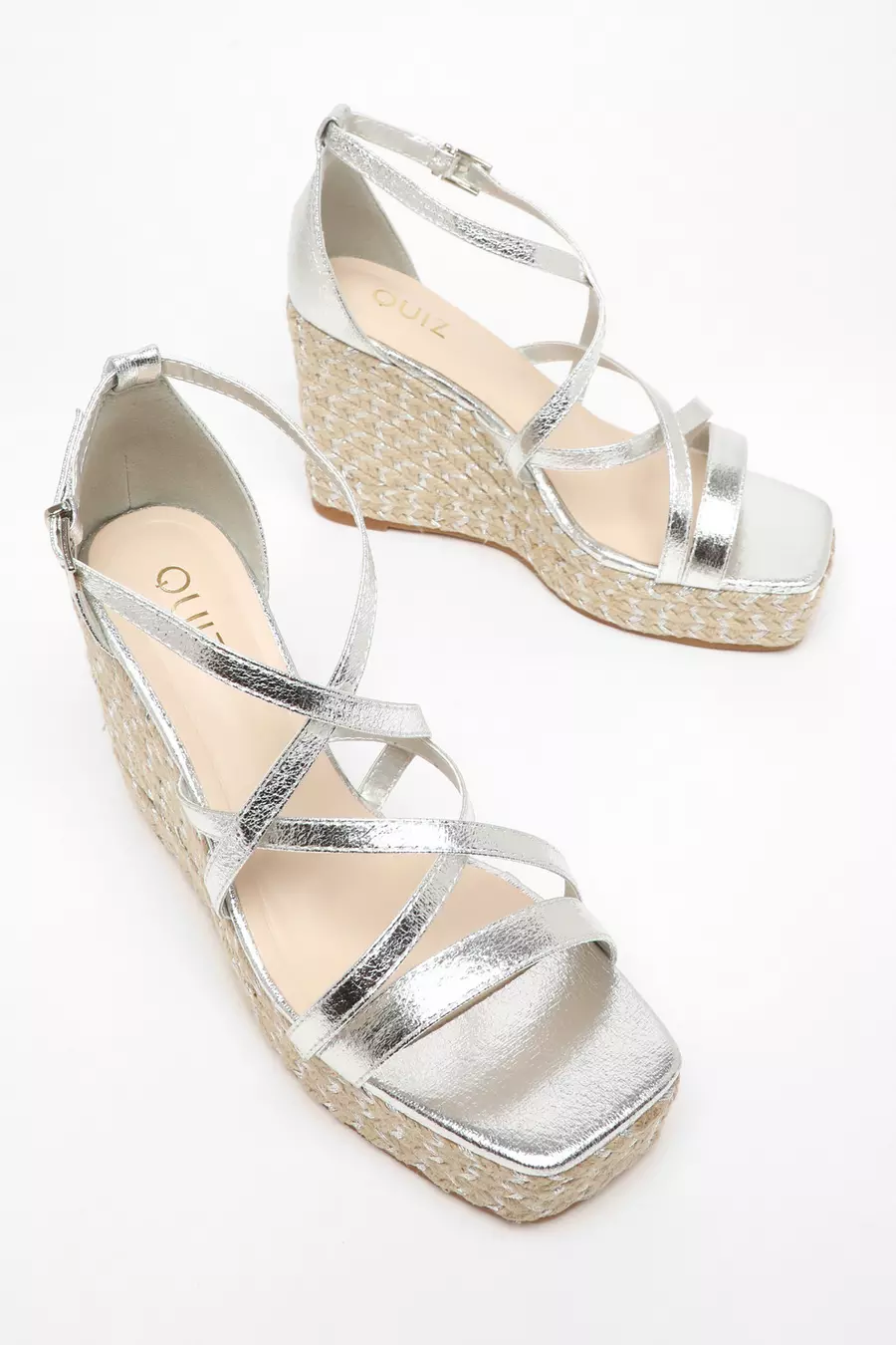 Silver Foil Strappy Woven Wedges QUIZ Clothing