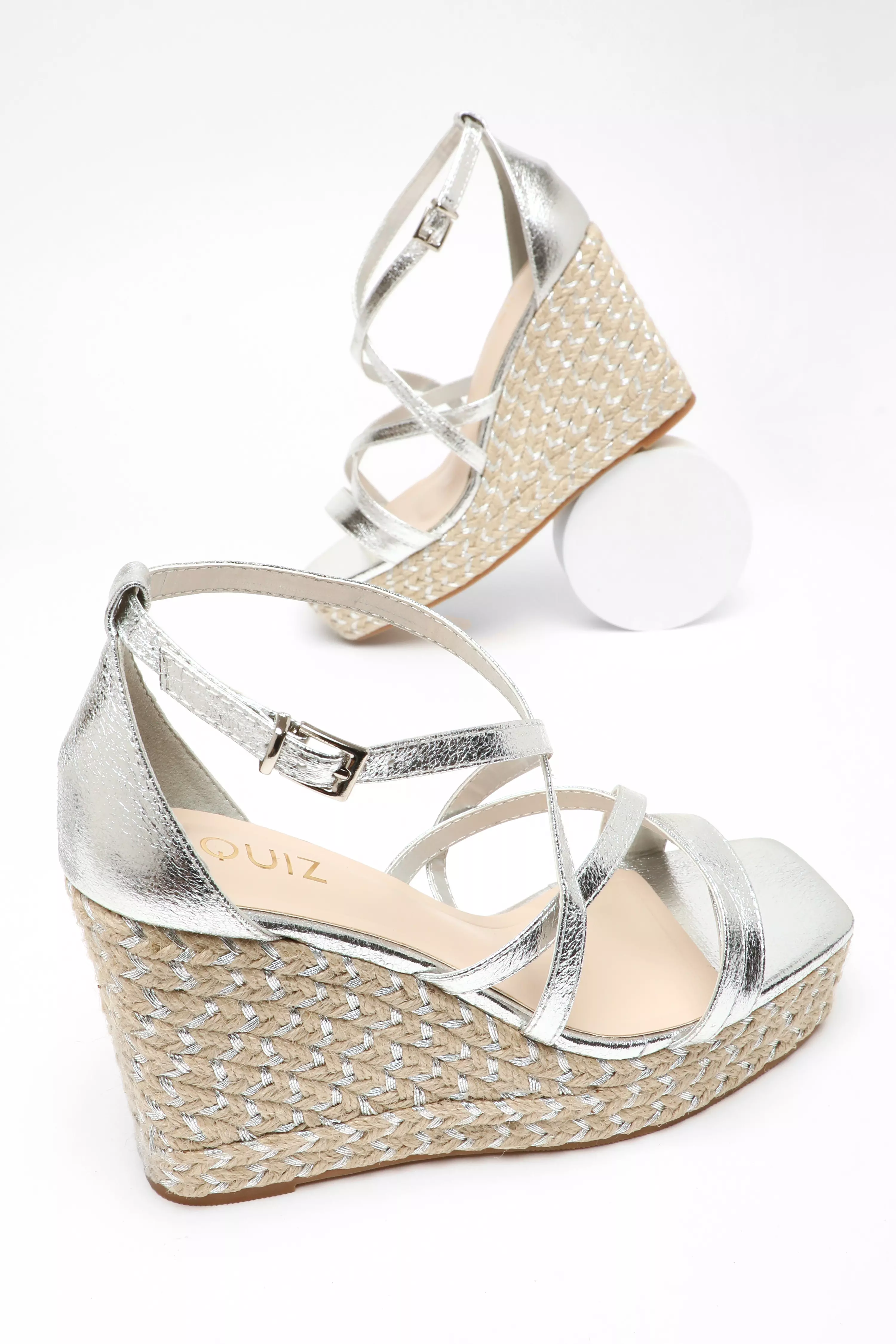 Silver Foil Strappy Woven Wedges