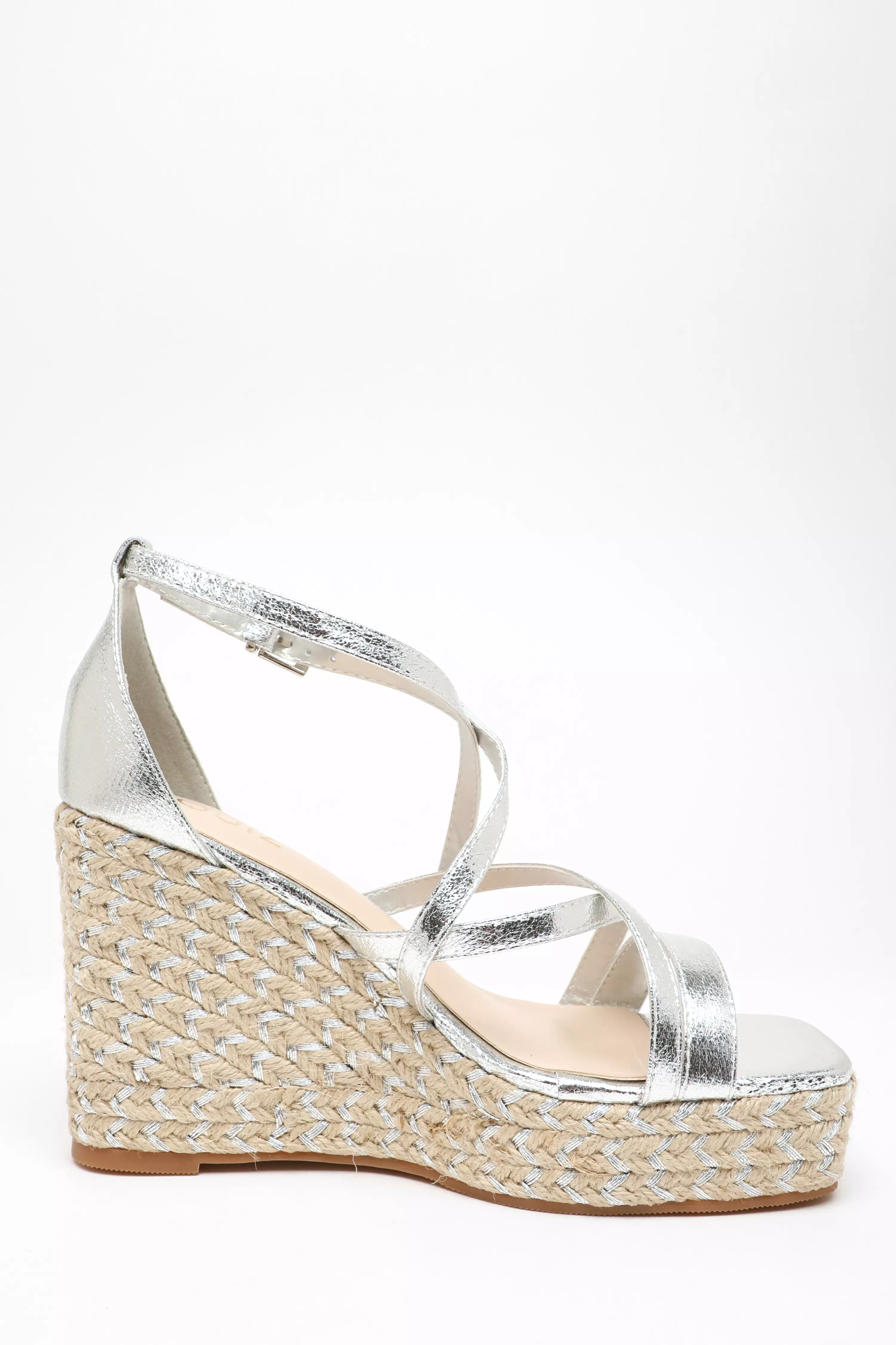 Silver Foil Strappy Woven Wedges
