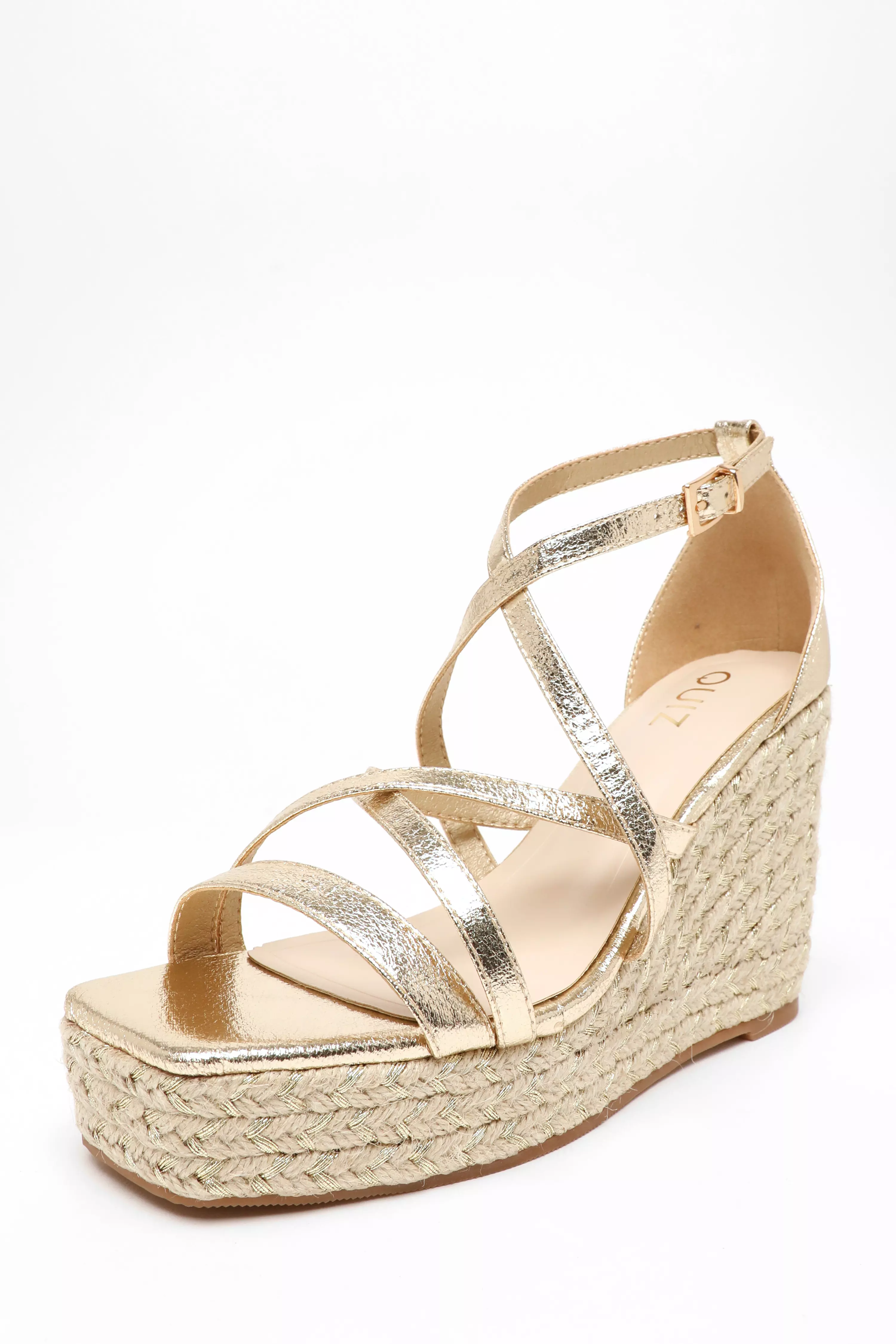 Gold Foil Strappy Woven Wedges