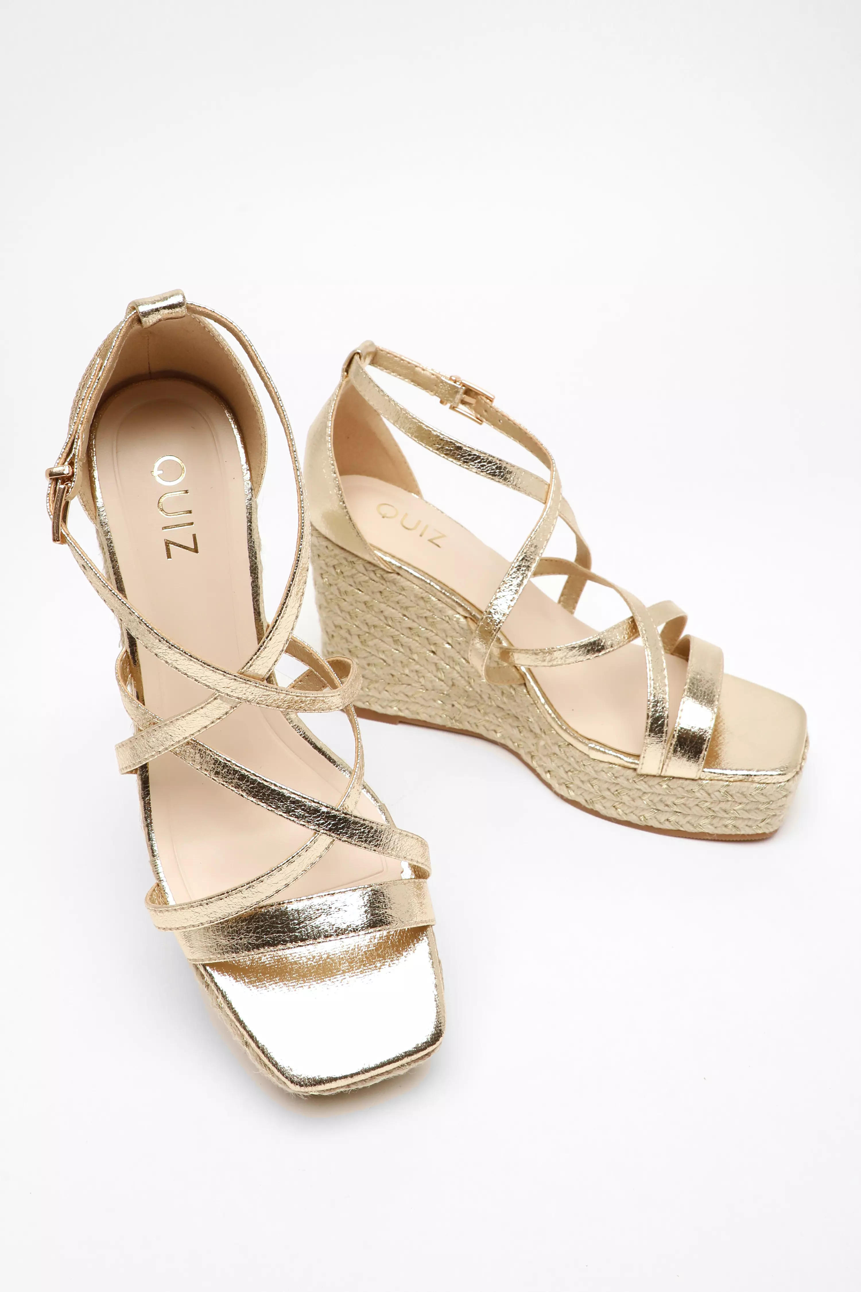 Gold Foil Strappy Woven Wedges