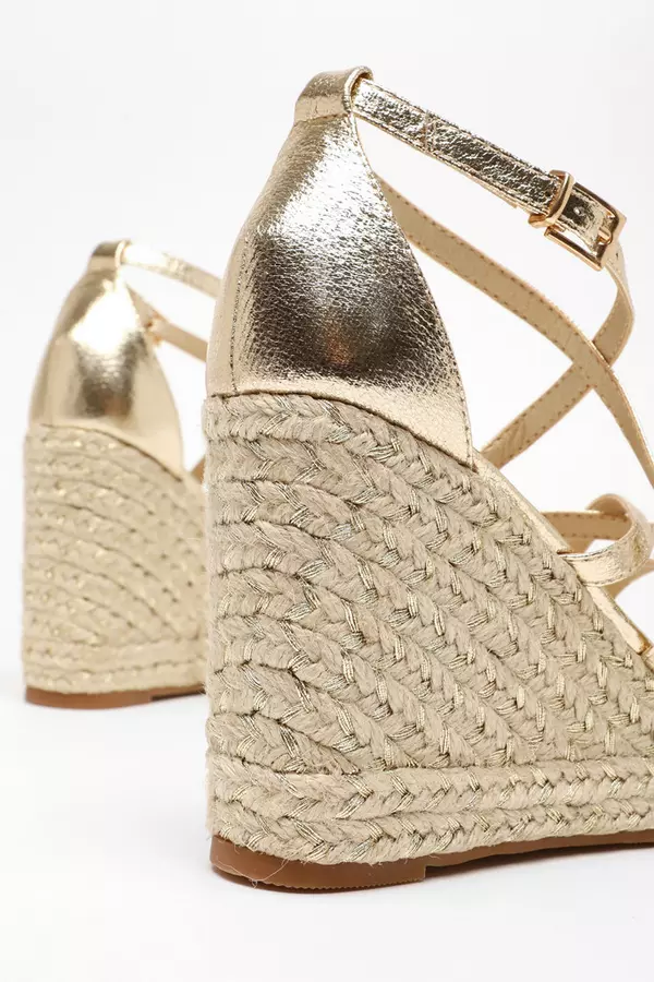 Gold Foil Strappy Woven Wedges