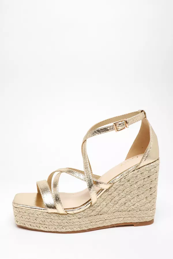 Gold Foil Strappy Woven Wedges