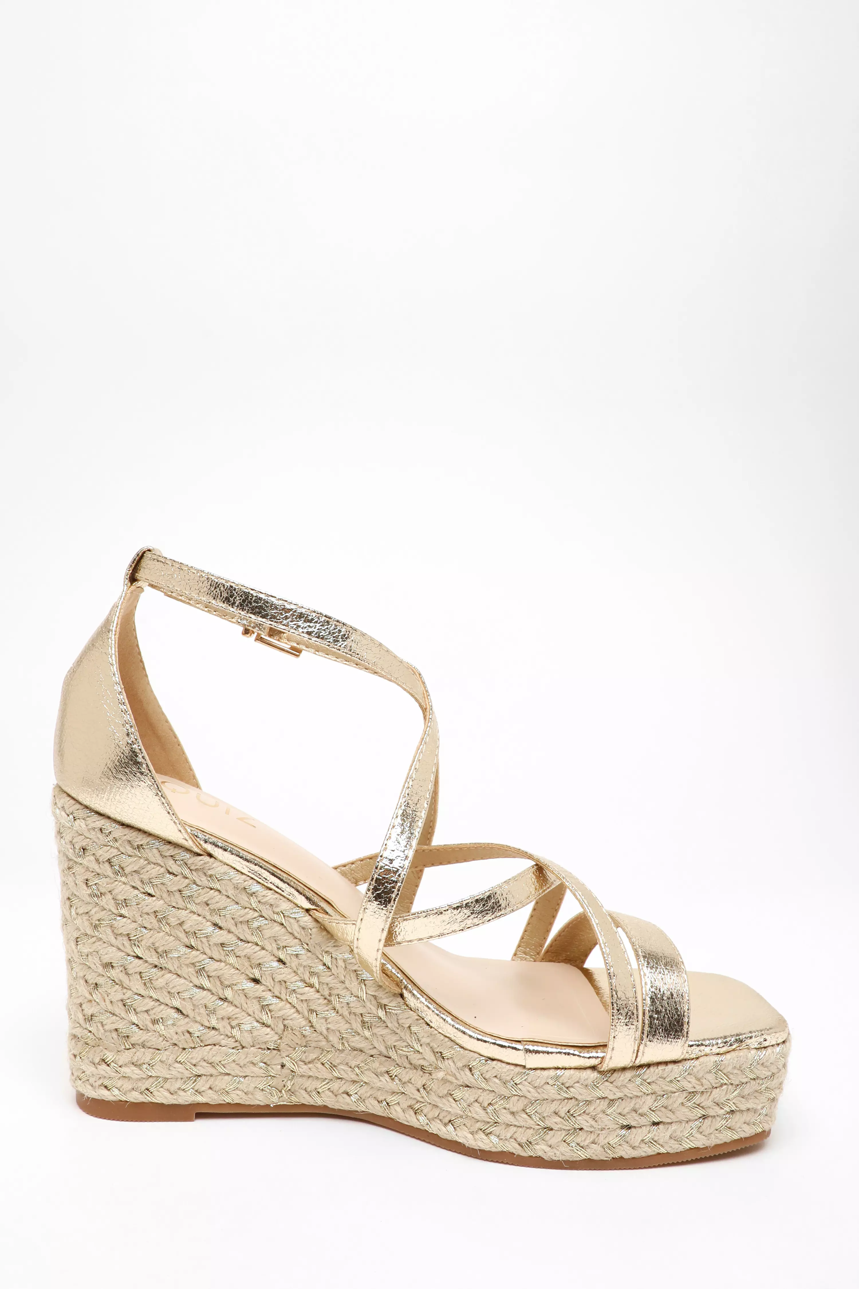 Gold Foil Strappy Woven Wedges