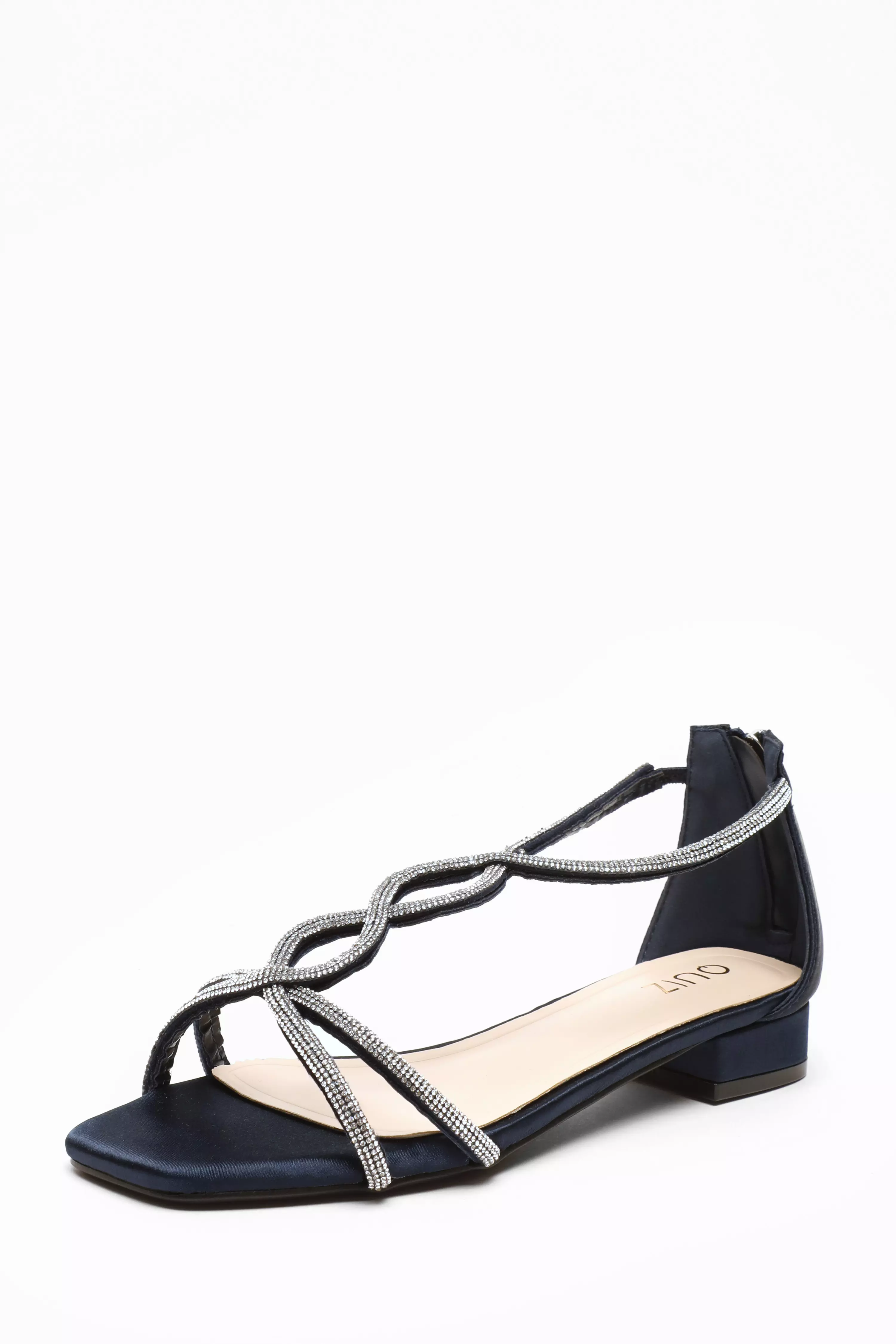 Navy Satin Diamante T-Strap Flat Sandals