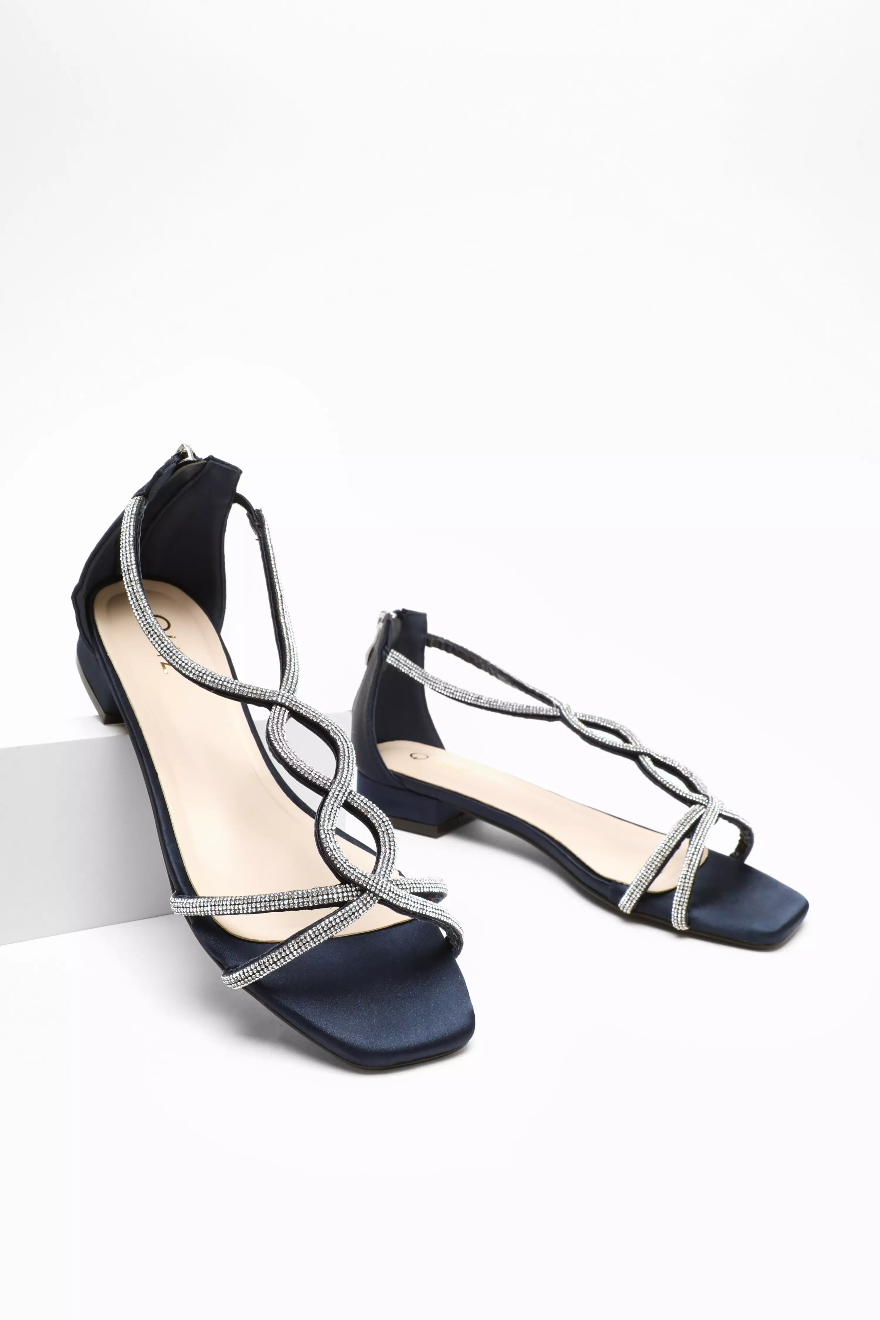 Navy Satin Diamante T-Strap Flat Sandals