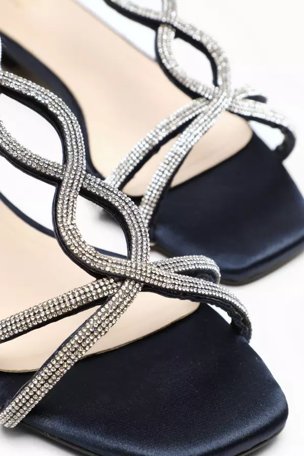 Navy Satin Diamante T-Strap Flat Sandals