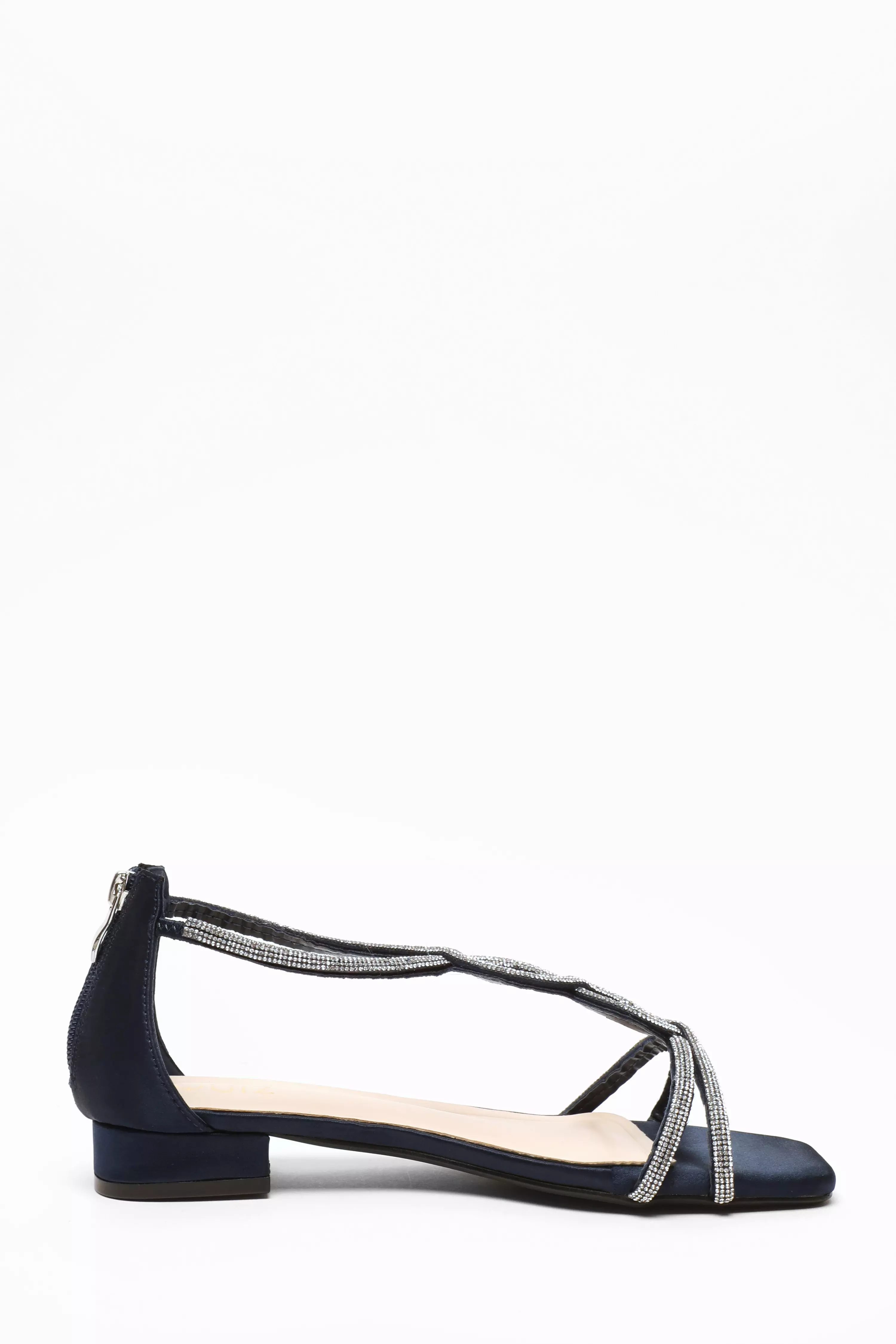 Navy Satin Diamante T-Strap Flat Sandals