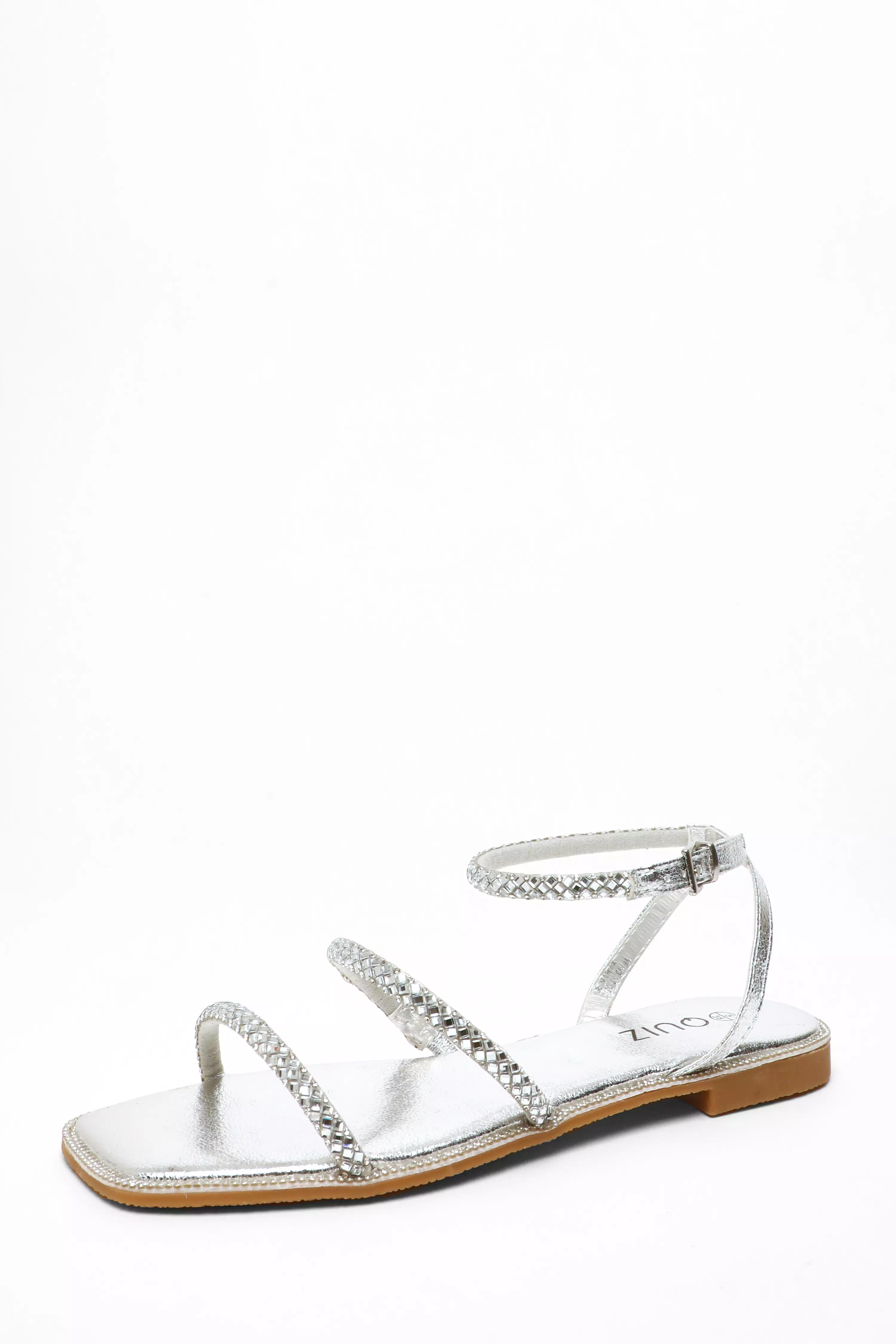 Silver Diamante Double Strap Flat Sandals