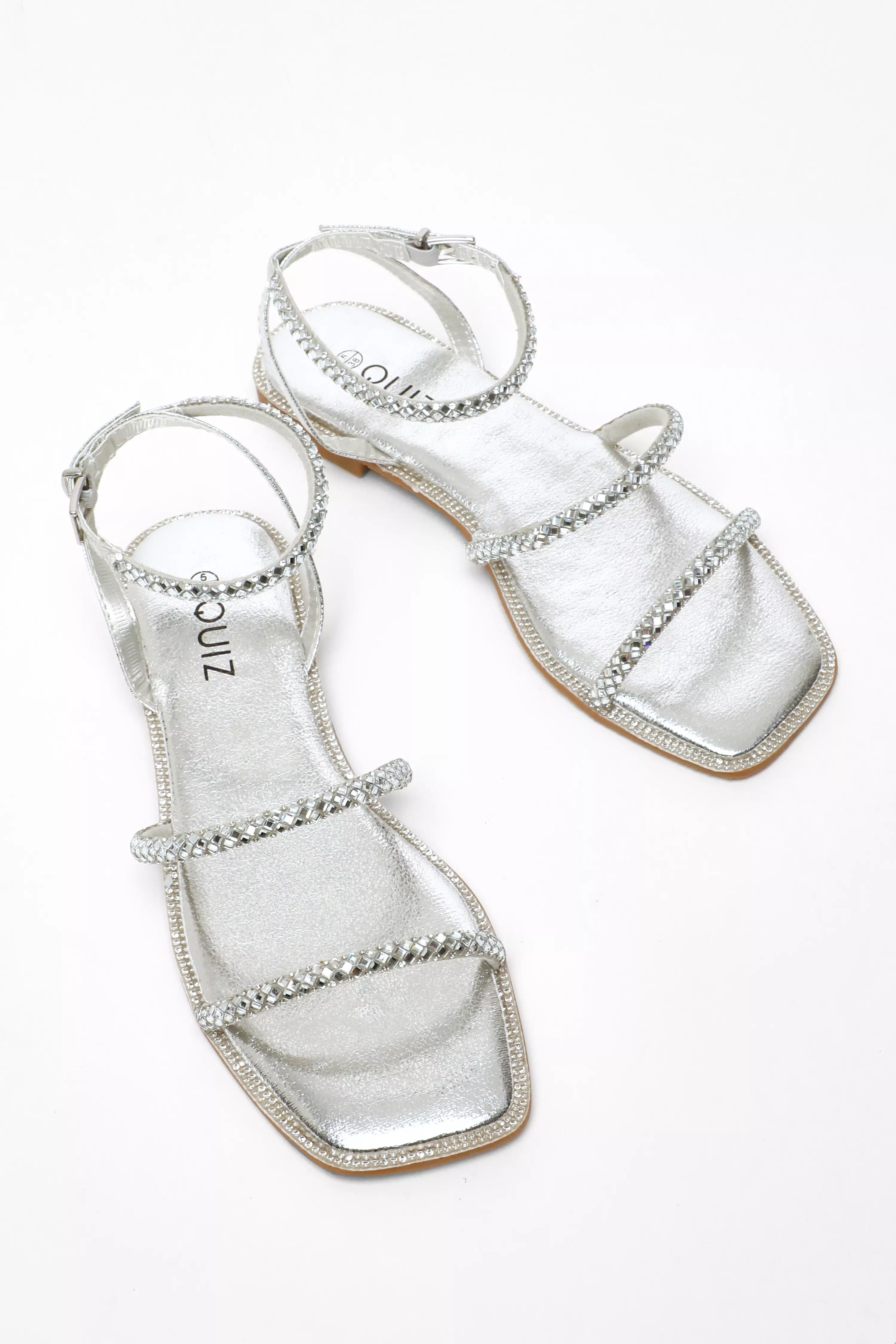 Silver Diamante Double Strap Flat Sandals
