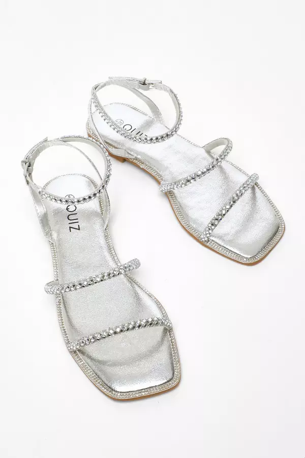 Silver Diamante Double Strap Flat Sandals