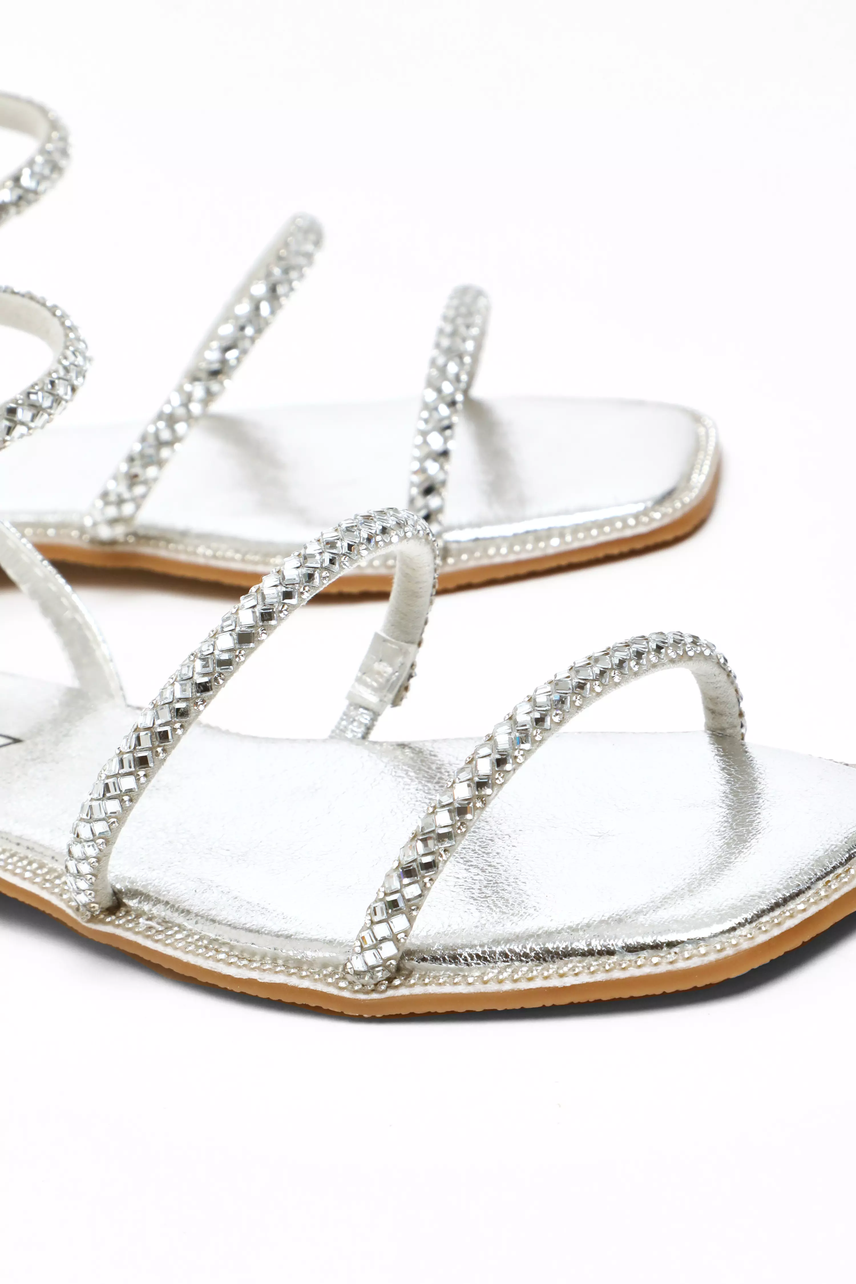 Silver Diamante Double Strap Flat Sandals