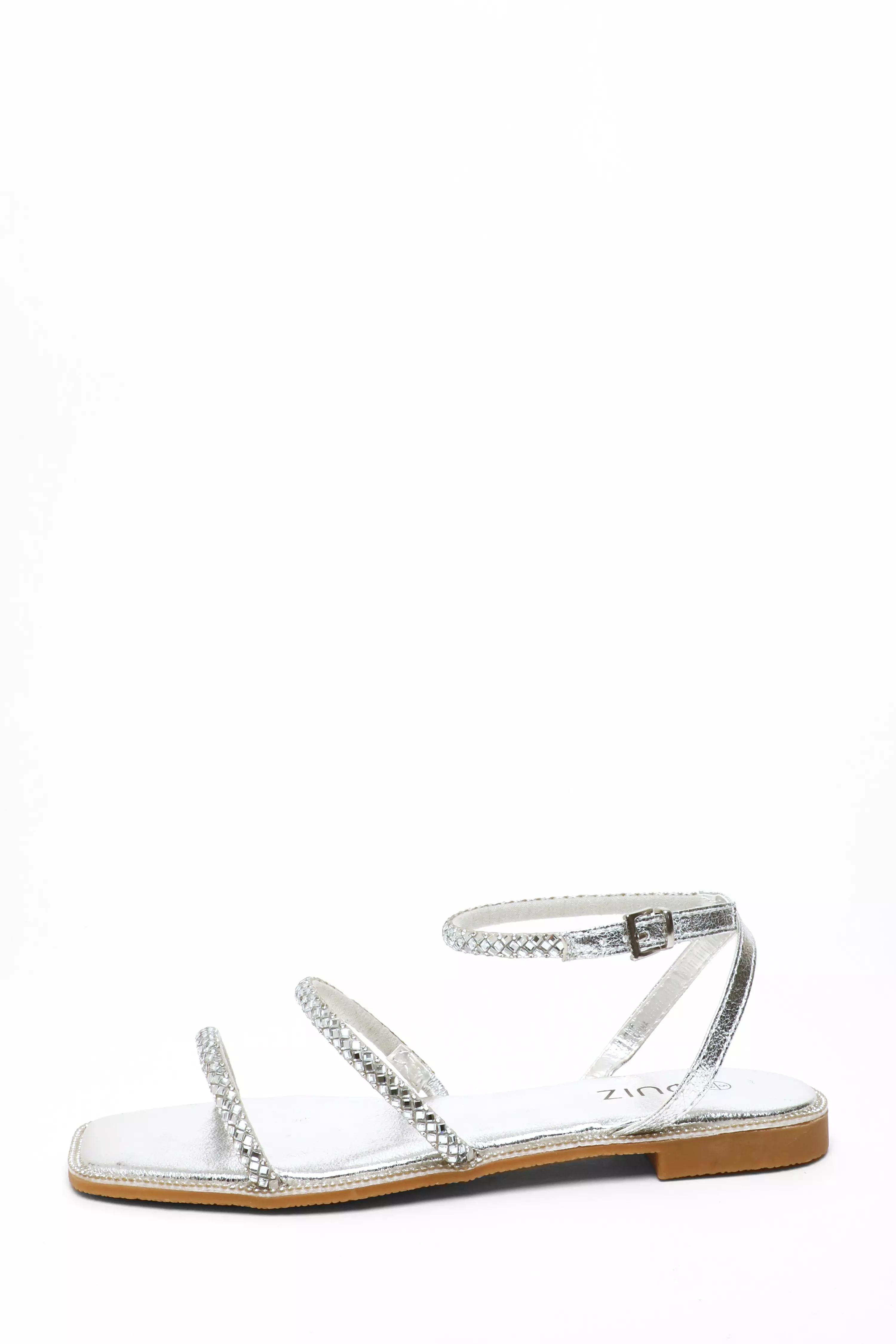 Silver Diamante Double Strap Flat Sandals