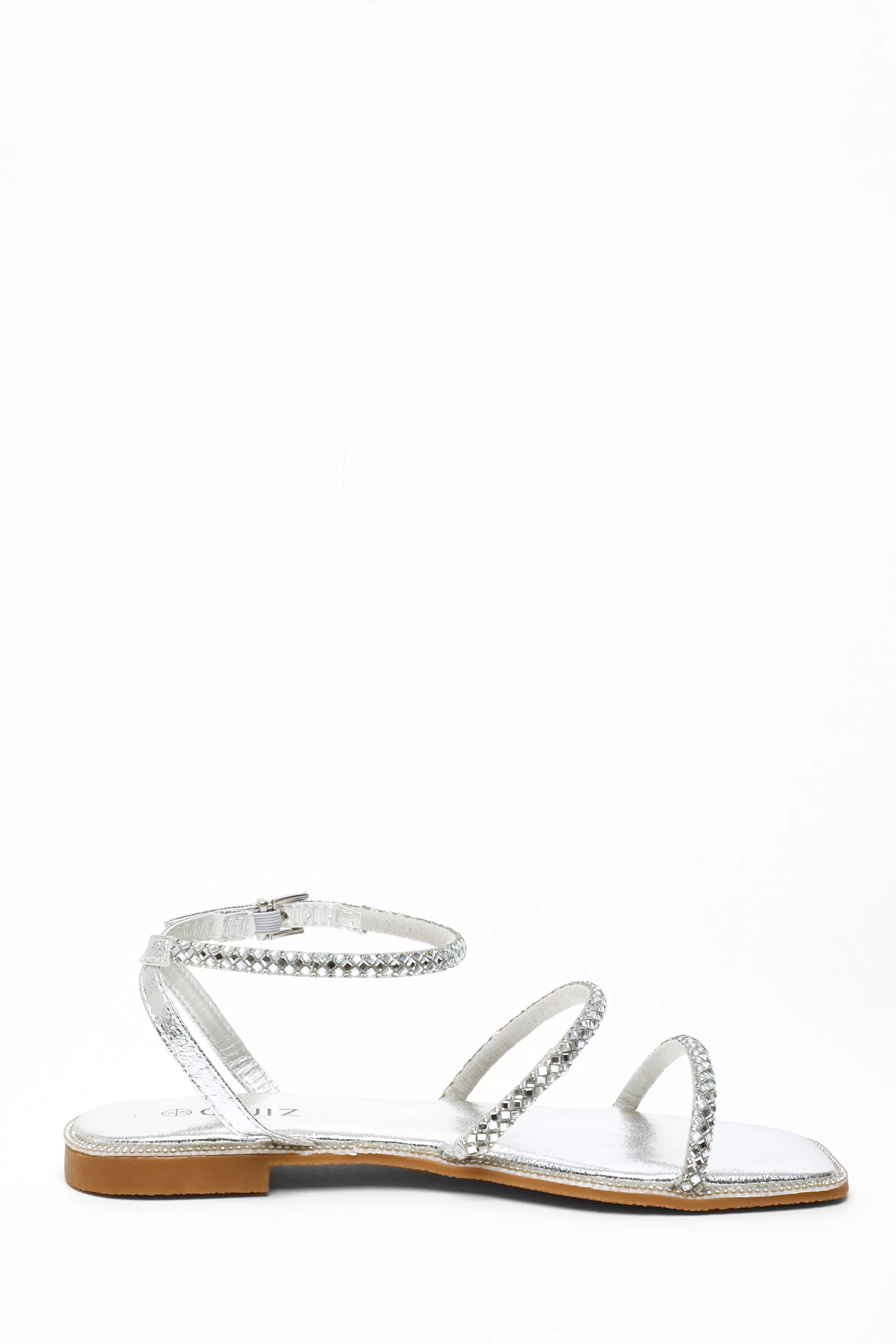 Silver Diamante Double Strap Flat Sandals