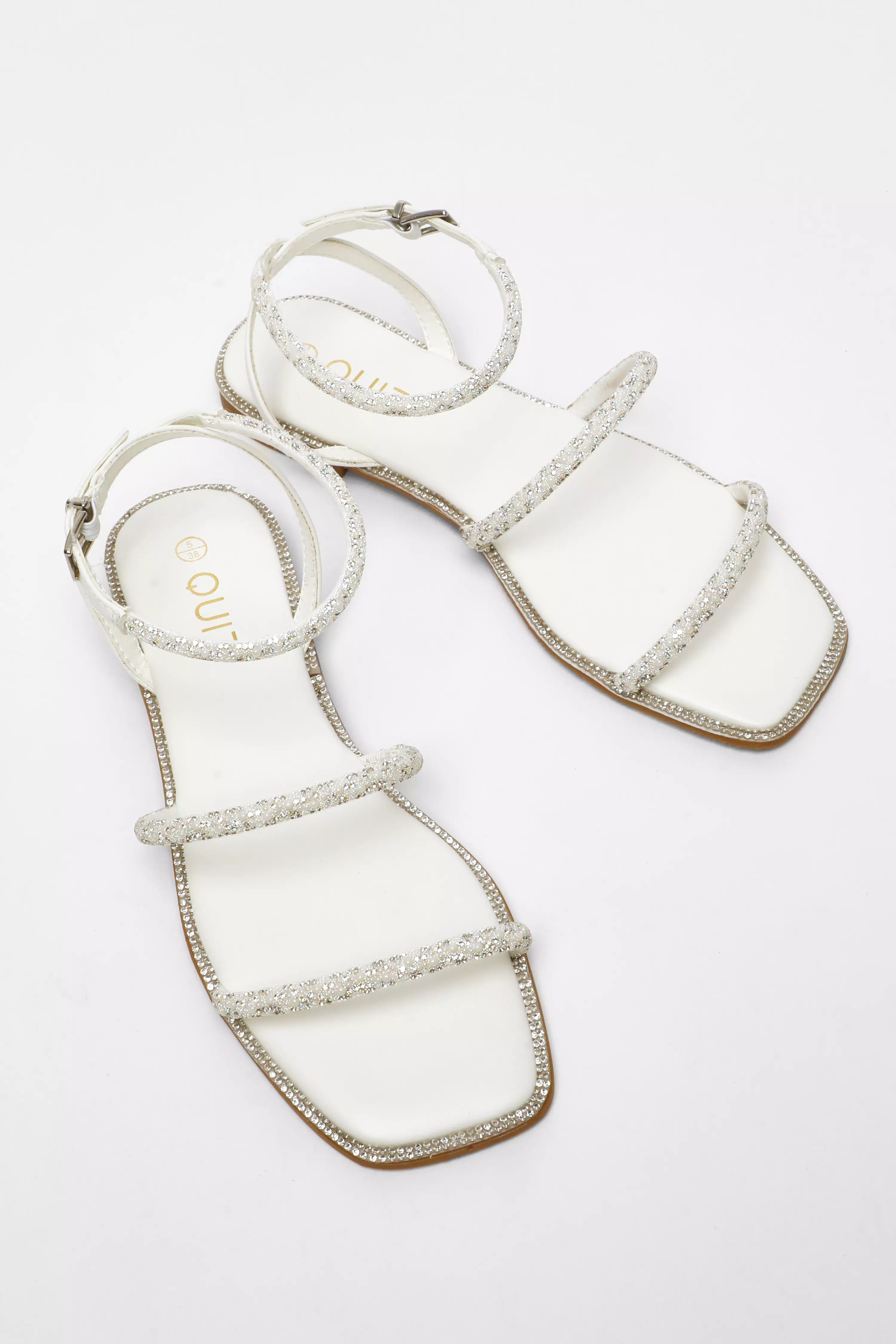 White Diamante Double Strap Flat Sandals